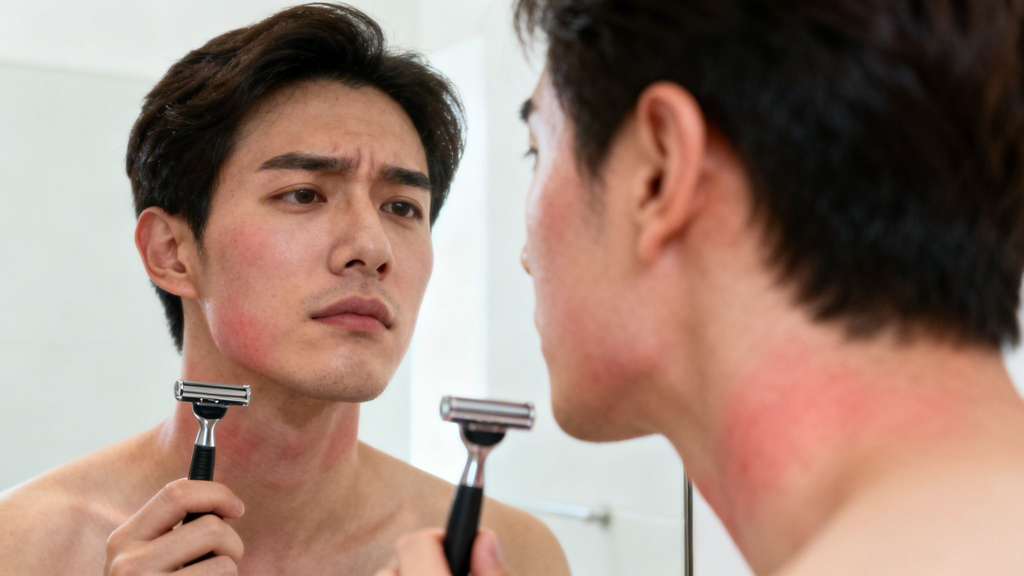 A man with red, irritated skin on his face and neck looks in a mirror after shaving.
