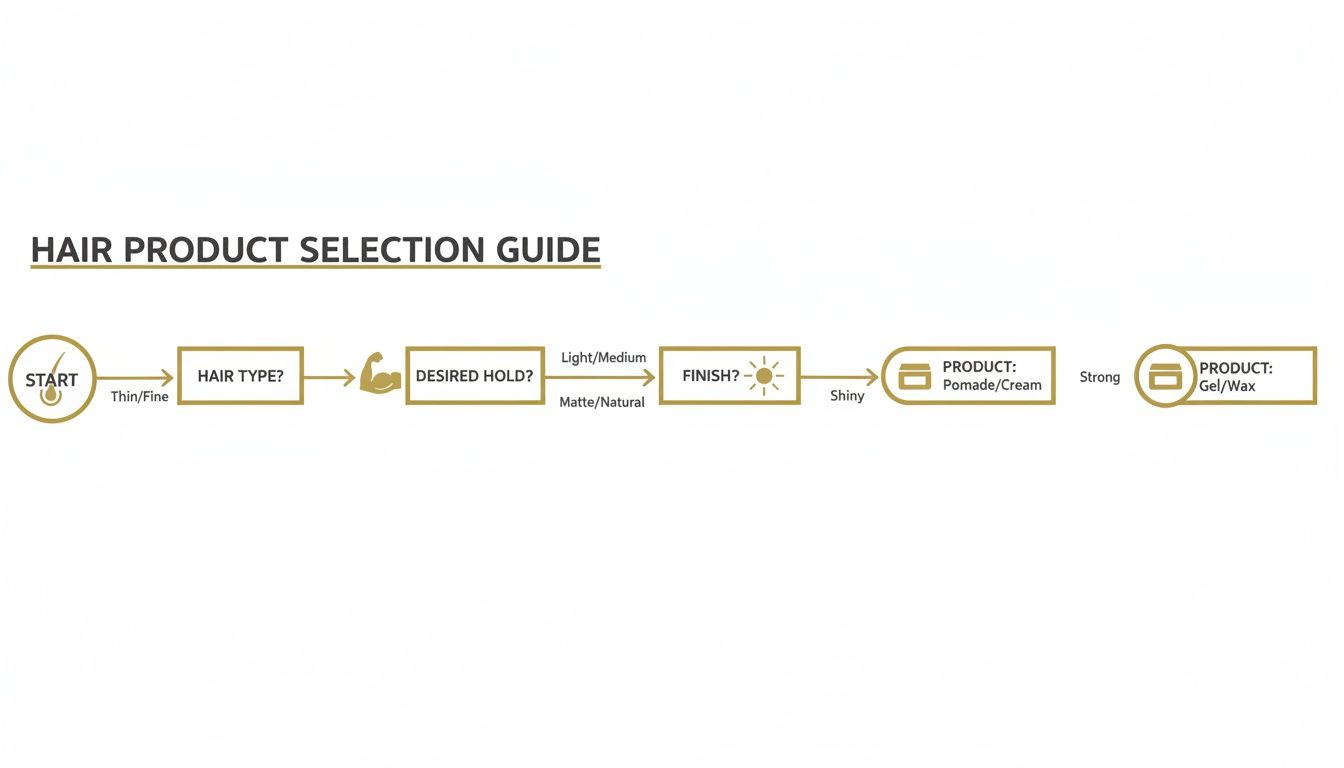 A hair product selection guide flowchart illustrating choices based on hair type, desired hold, and finish.