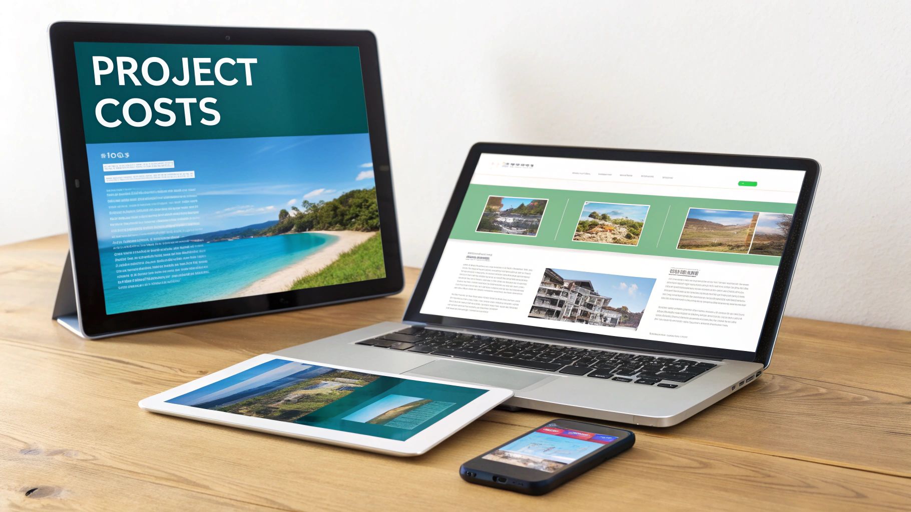 Various digital devices like tablets, laptops, and smartphones displaying different web pages on a wooden desk.