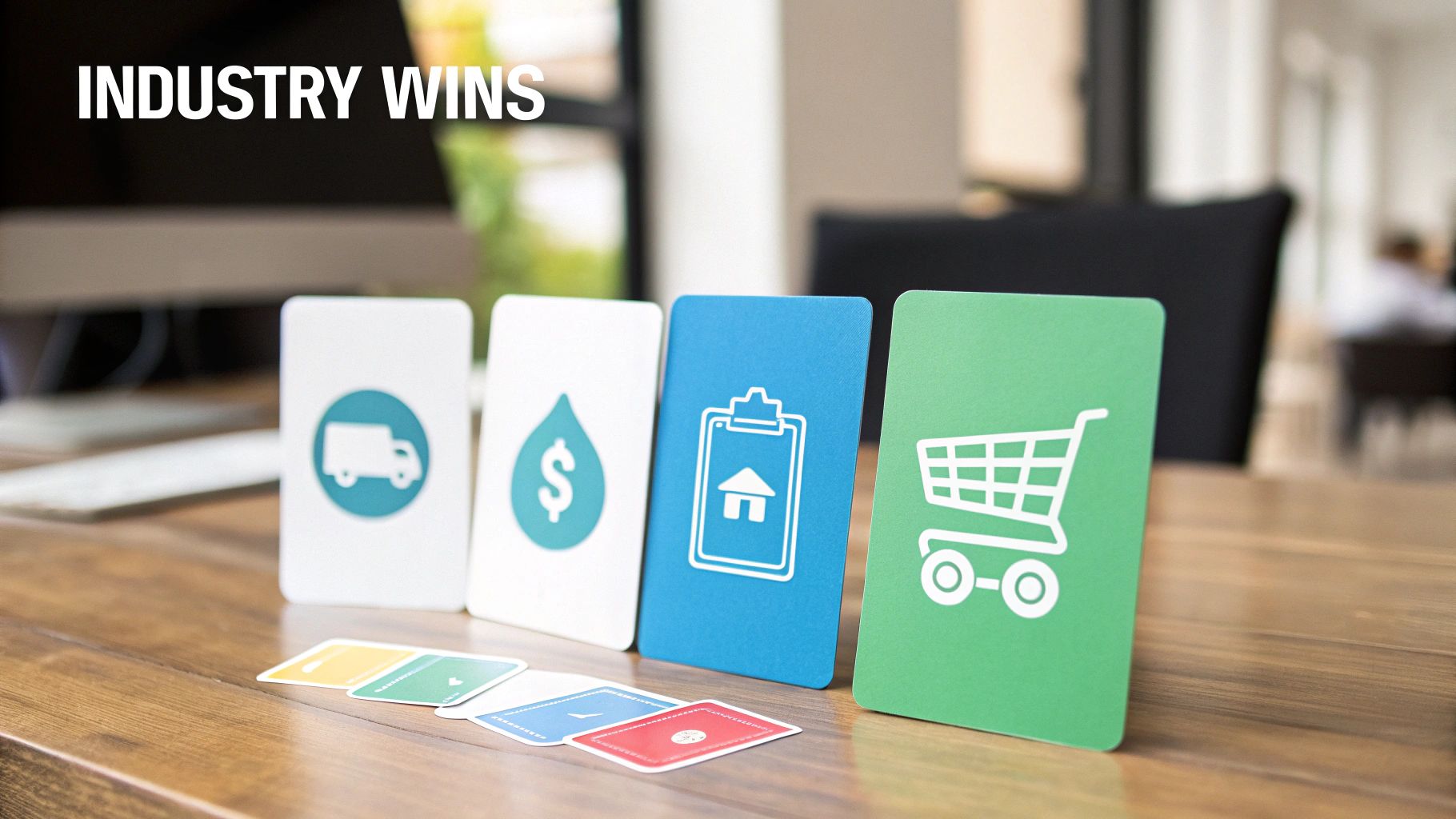 Four upright cards display industry icons: delivery truck, dollar sign, house, and shopping cart.