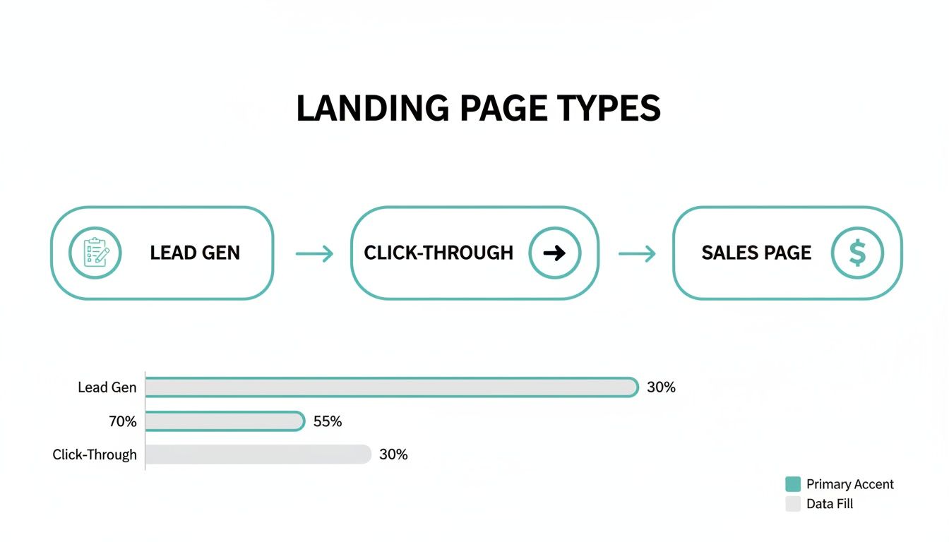 Flowchart and bar chart illustrating different landing page types: Lead Gen, Click-Through, and Sales Page, with performance metrics.