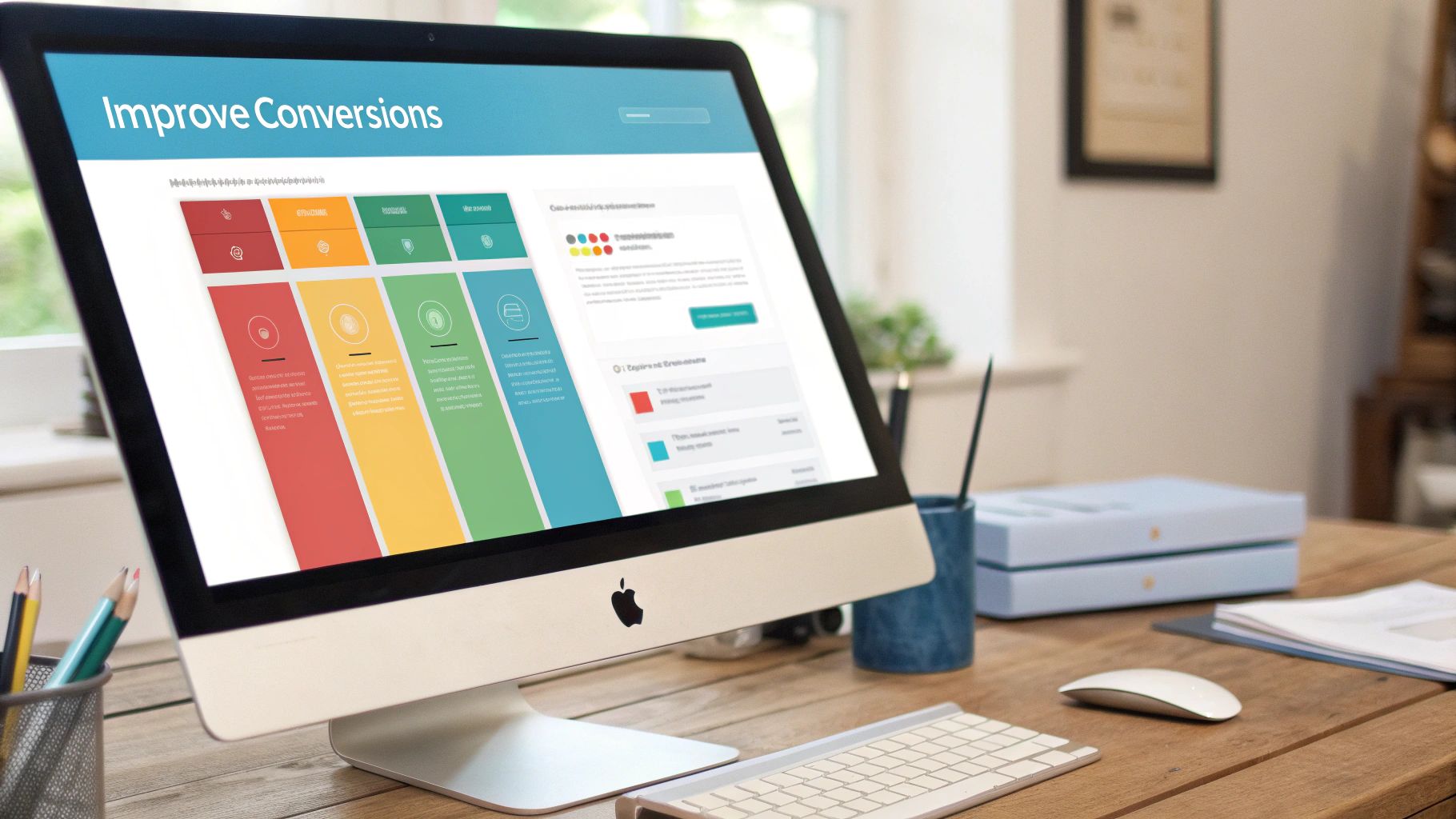 An Apple iMac on a wooden desk displays a website with 'Improve Conversions' marketing analytics.