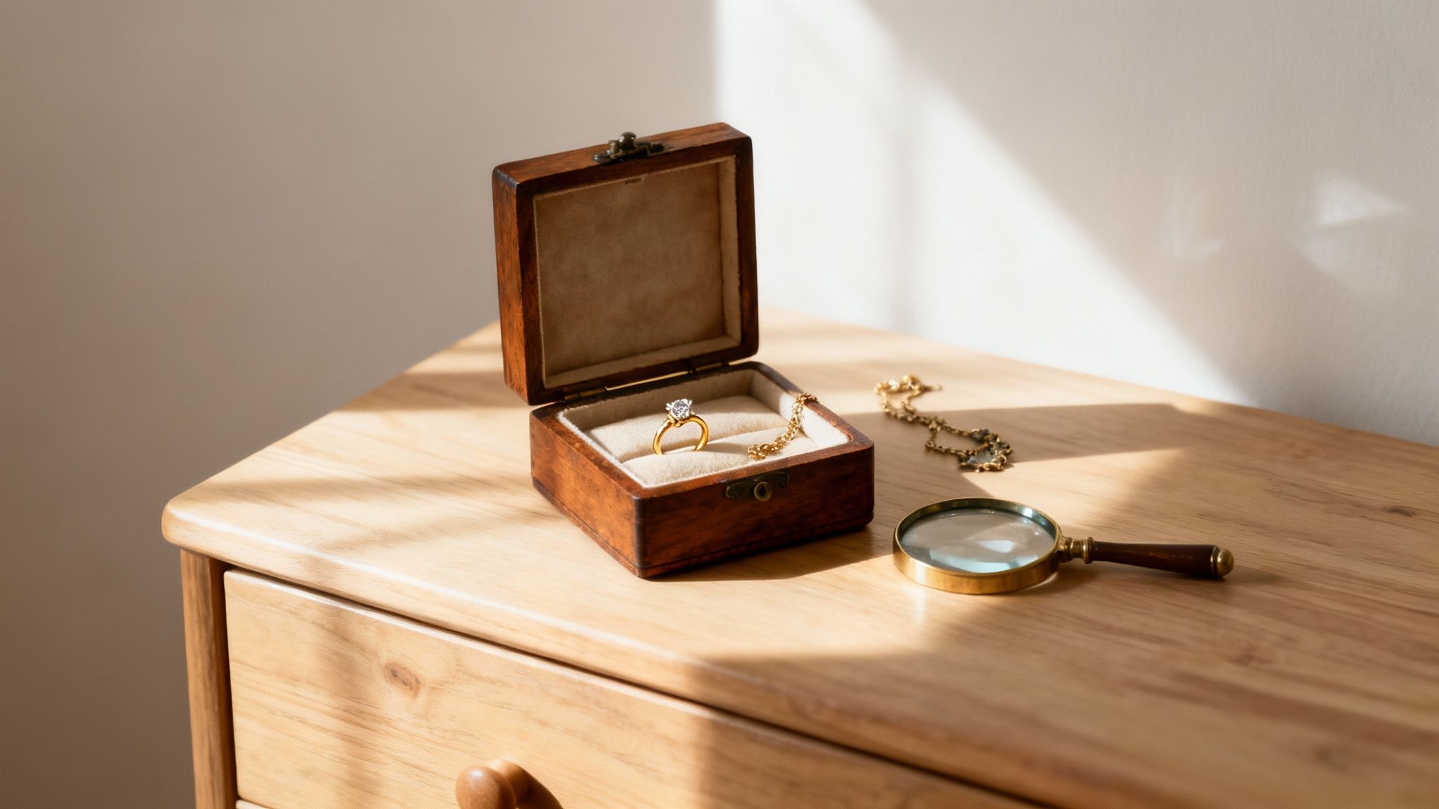 Jewellery box with a ring and gold chain on a wooden table, symbolizing free jewellery valuation for understanding hidden treasures.