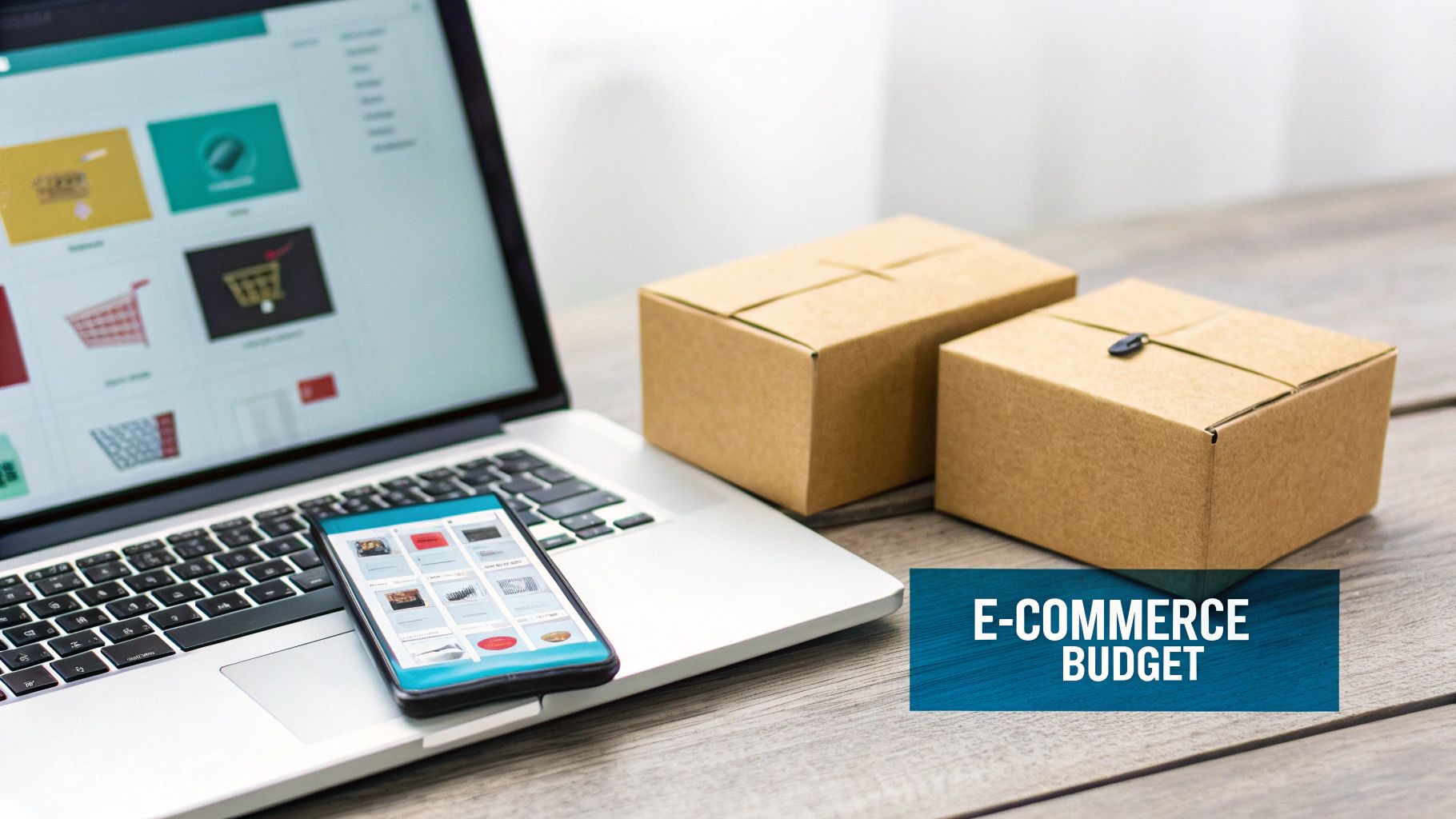 A laptop and smartphone displaying e-commerce sites, with two shipping boxes on a wooden table, emphasizing an e-commerce budget.