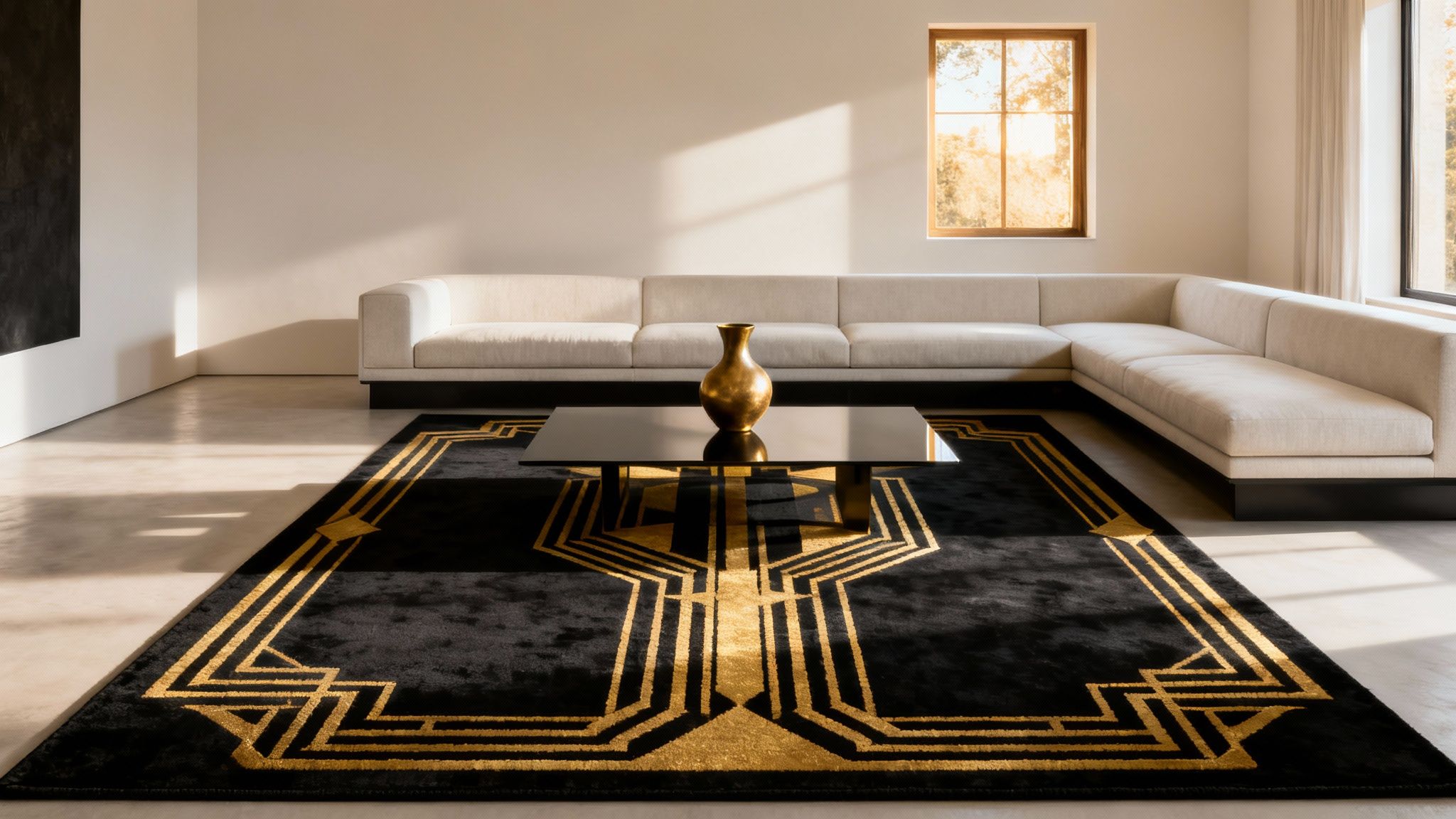 Art Deco rug with geometric gold and black design in modern interior setting, featuring a light-colored sectional sofa and a black coffee table with a gold vase.