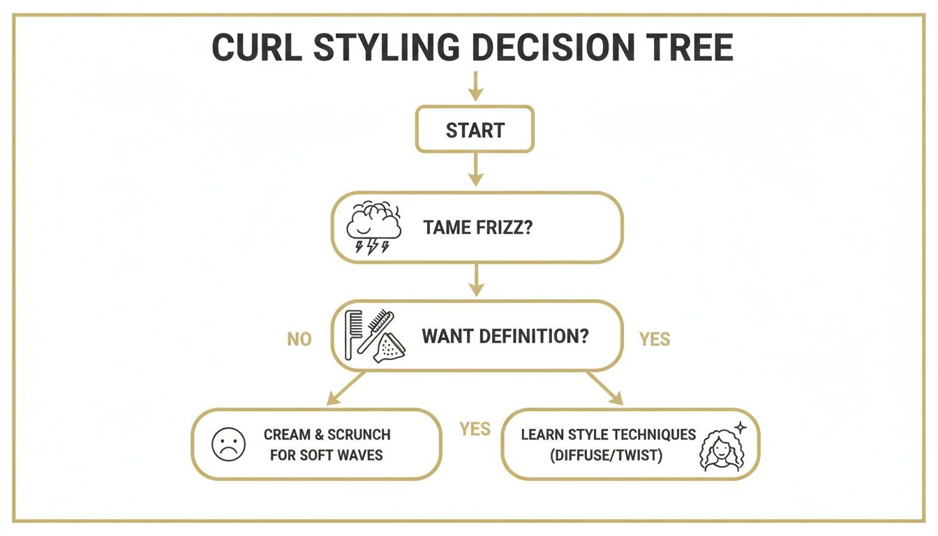 A curl styling decision tree flowchart guiding users on how to manage frizz and achieve definition.