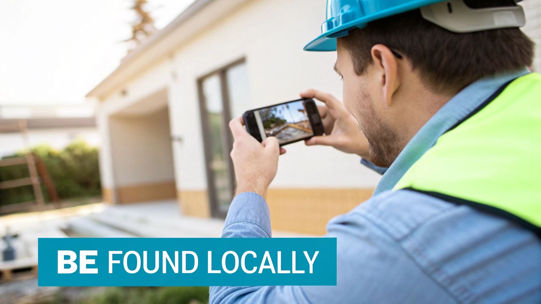 A construction worker in a hard hat and safety vest photographs a building with a smartphone, with 'BE FOUND LOCALLY' text overlay.