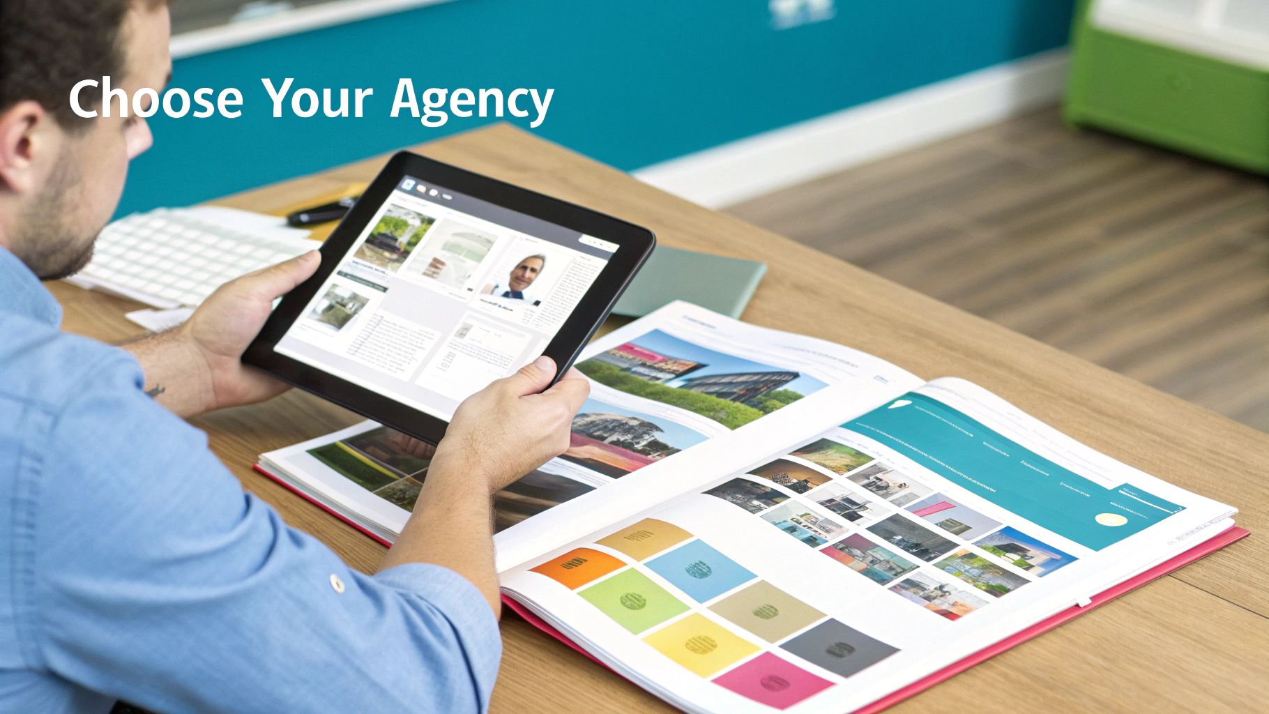 Man reviewing website designs on a digital tablet and a printed portfolio book, choosing an agency.