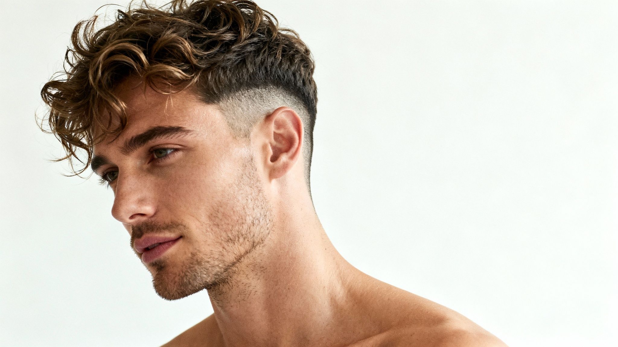 Close-up of a man with stylish curly hair and a fade haircut on a white background.