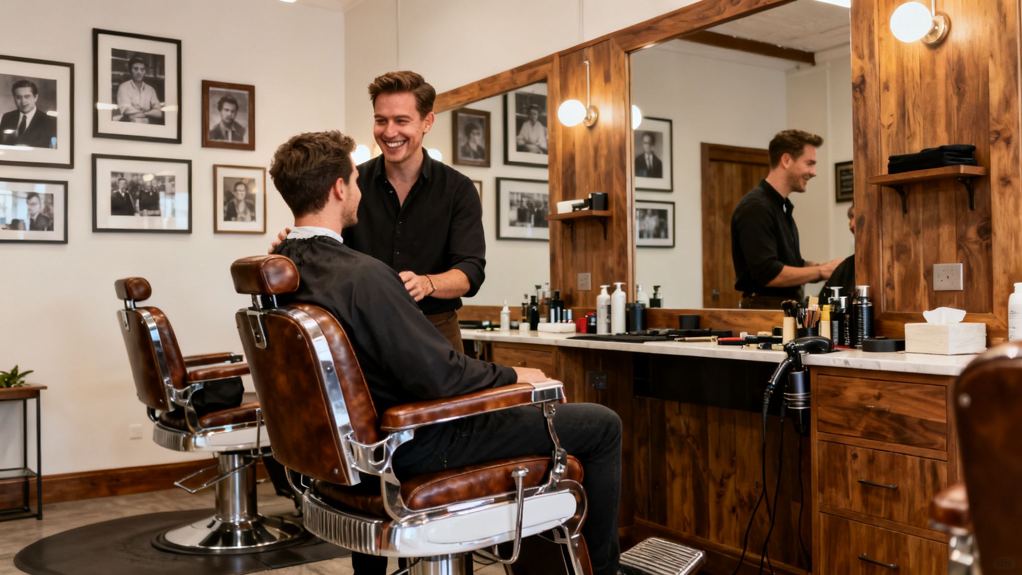 A smiling barber chats with a client in a classic leather chair at a stylish barbershop.