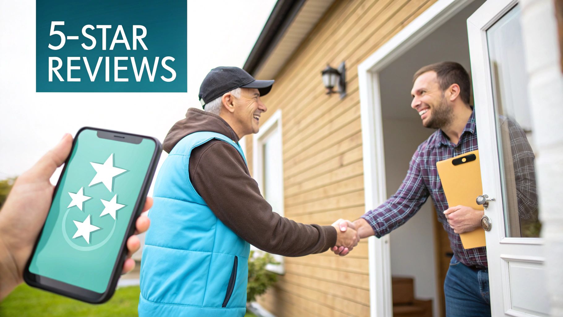 Service provider and happy customer shaking hands, smartphone displays 5-star reviews.