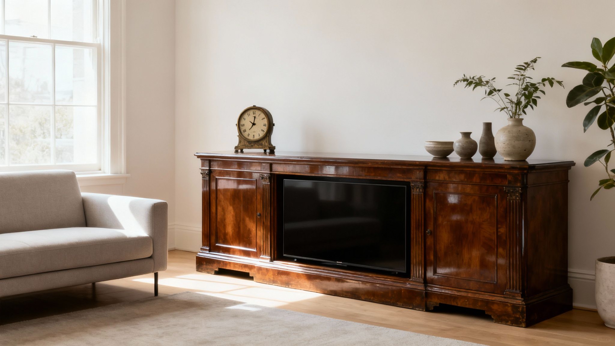 Antique wooden sideboard with decorative clock and vases in modern living room setting, highlighting antique styling in Adelaide interiors.