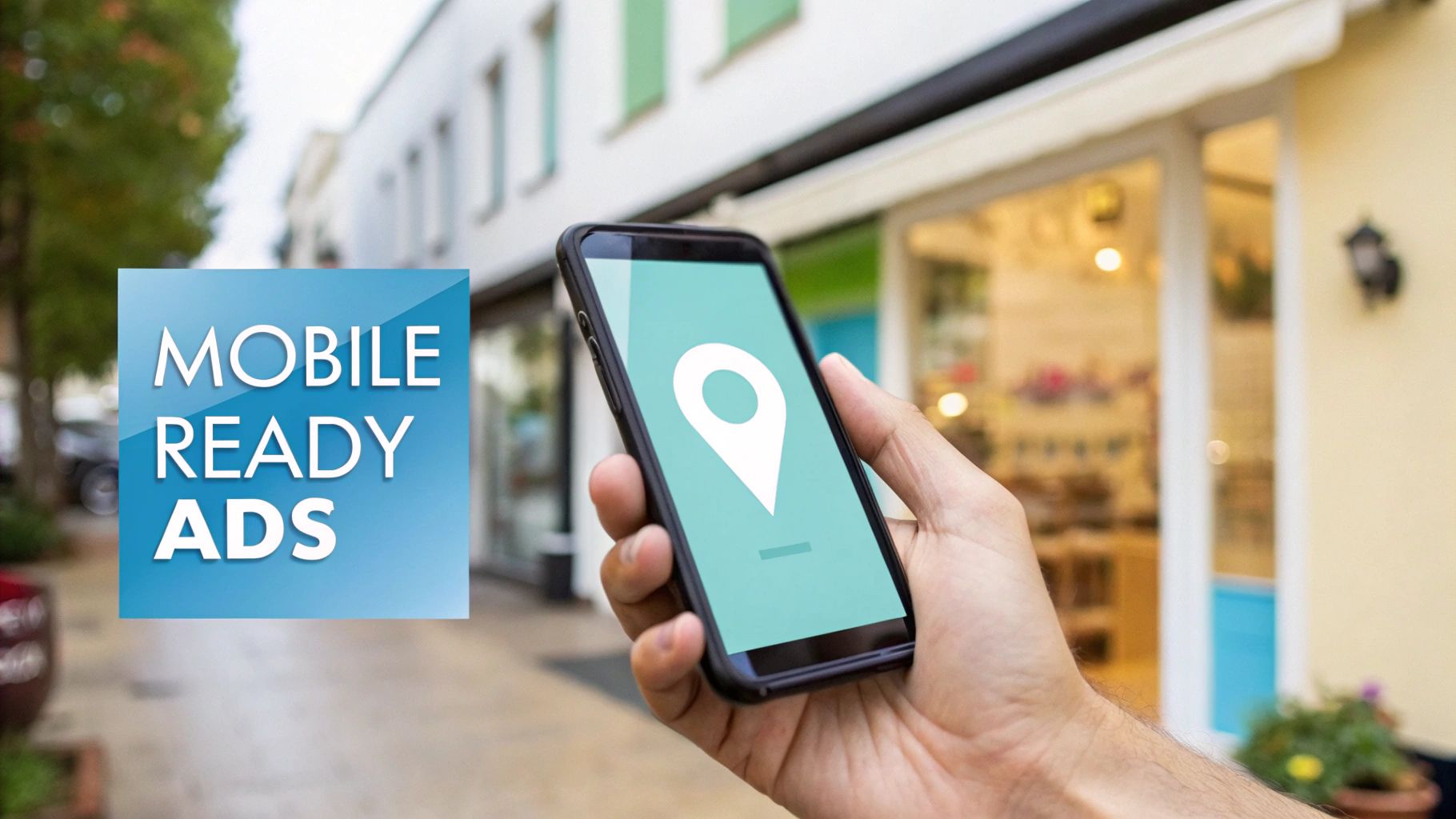A hand holds a smartphone displaying a location pin, with a 'MOBILE READY ADS' banner. Ideal for local advertising.
