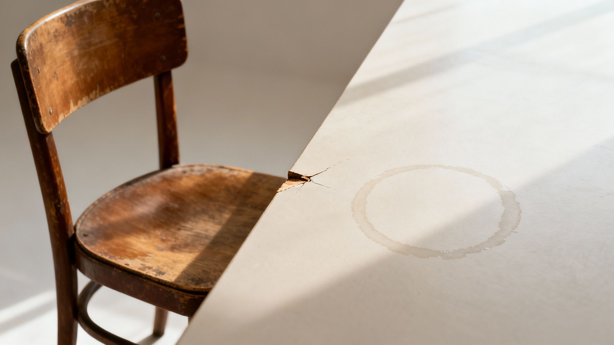 An old, worn wooden chair next to a light-colored table with a prominent crack and a cup stain.
