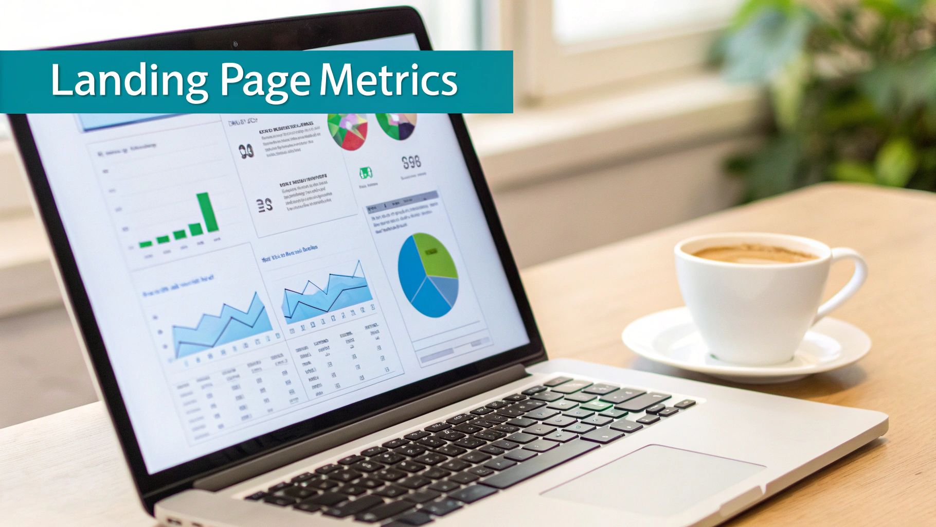 Laptop screen displaying landing page metrics with various charts and graphs on a desk, next to a coffee cup.