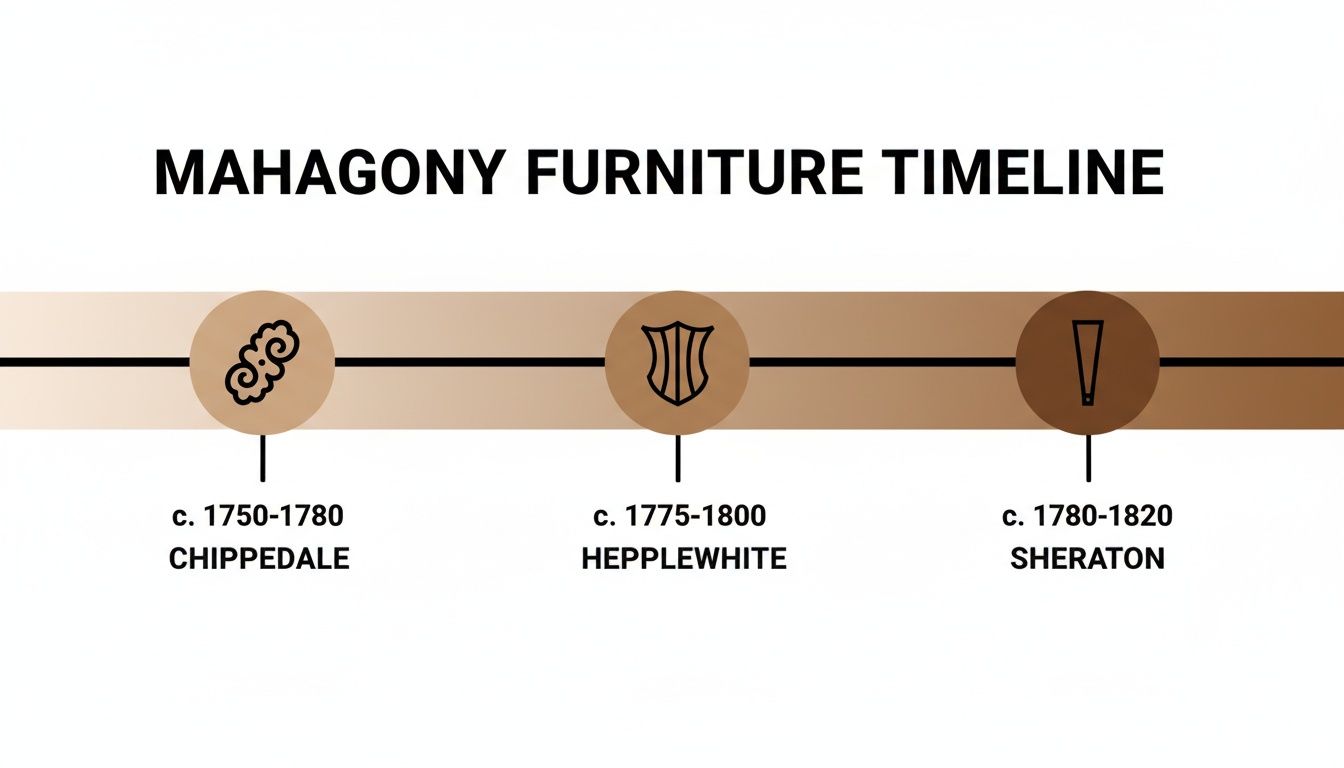 Mahogany furniture timeline highlighting key styles: Chippendale (c. 1750-1780), Hepplewhite (c. 1775-1800), and Sheraton (c. 1780-1820).
