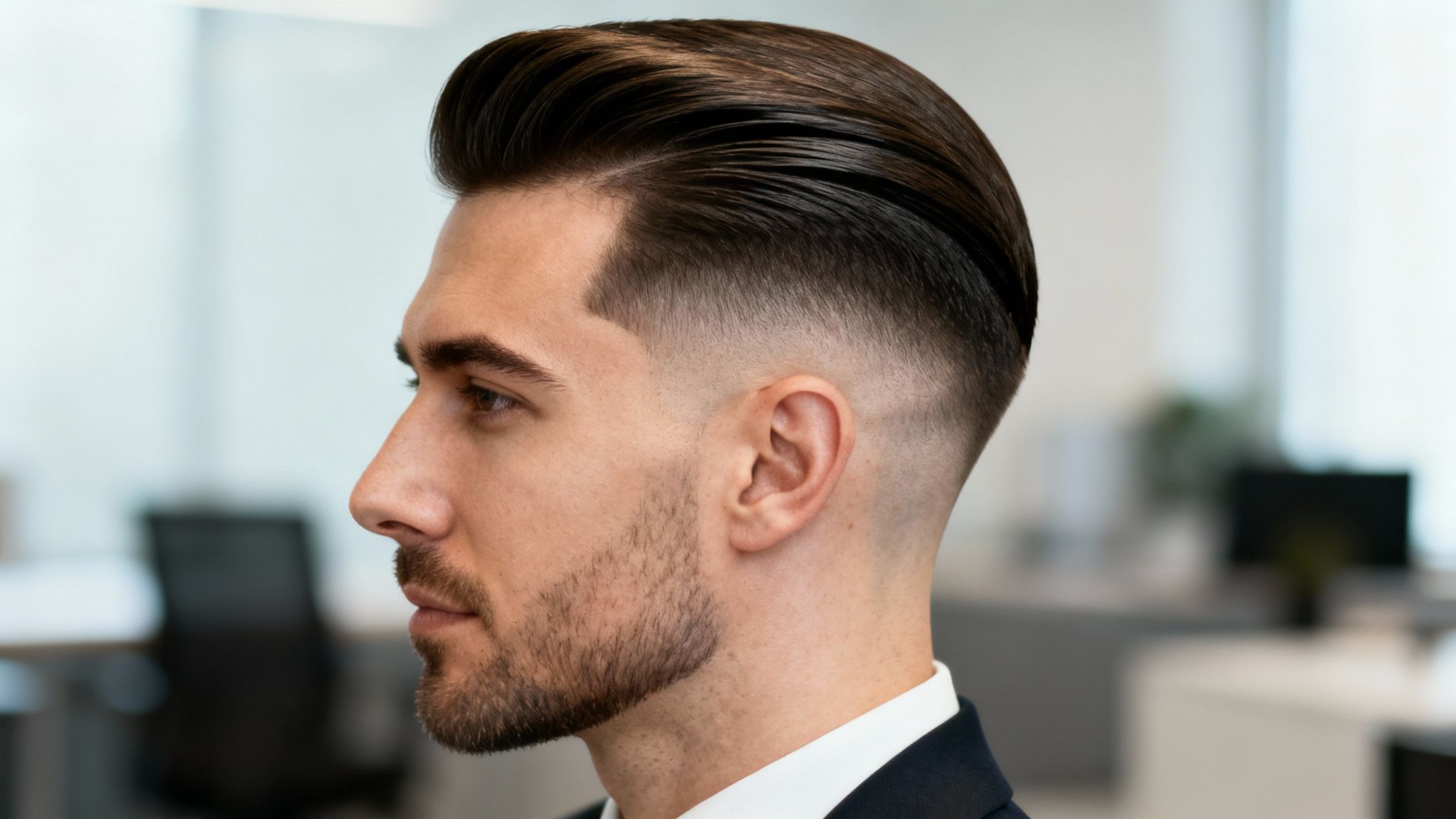Side profile of a well-groomed man with a slicked-back fade haircut and short beard in an office.