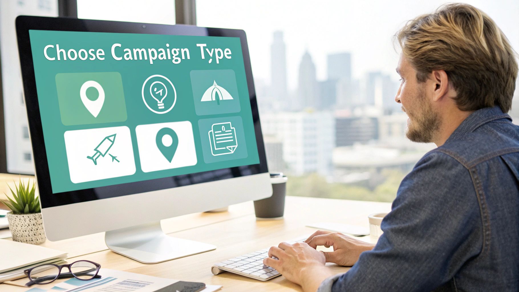 A man uses a computer displaying a 'Choose Campaign Type' screen with various icons, in an office.