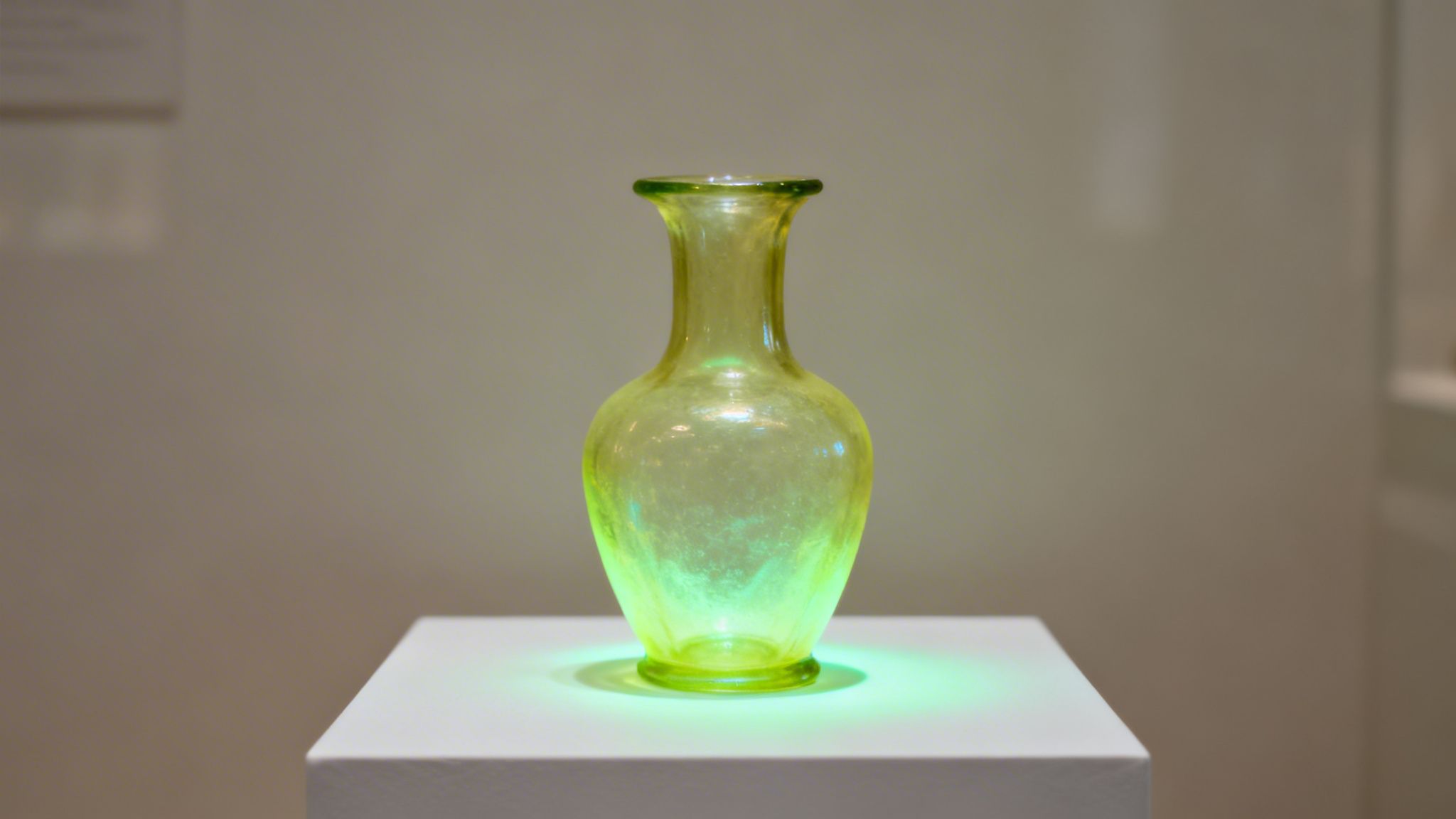 A glowing green uranium glass vase sits on a white pedestal, illuminated from below.