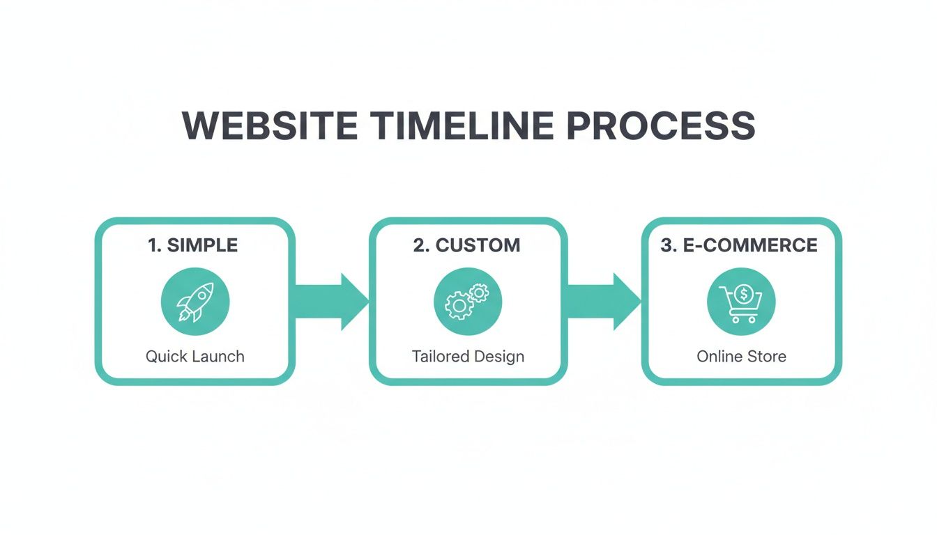 A three-step website development timeline process: Simple (Quick Launch), Custom (Tailored Design), and E-commerce (Online Store).