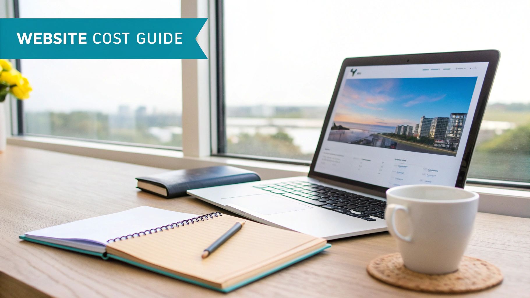 Laptop, notebooks, and coffee on a desk with a 'WEBSITE COST GUIDE' banner by a window.