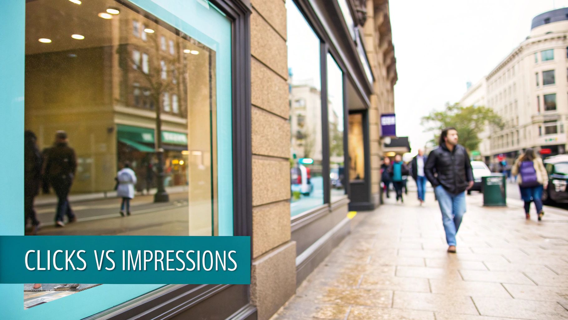A busy urban street scene with people walking past store windows, featuring the text 'CLICKS VS IMPRESSIONS'.