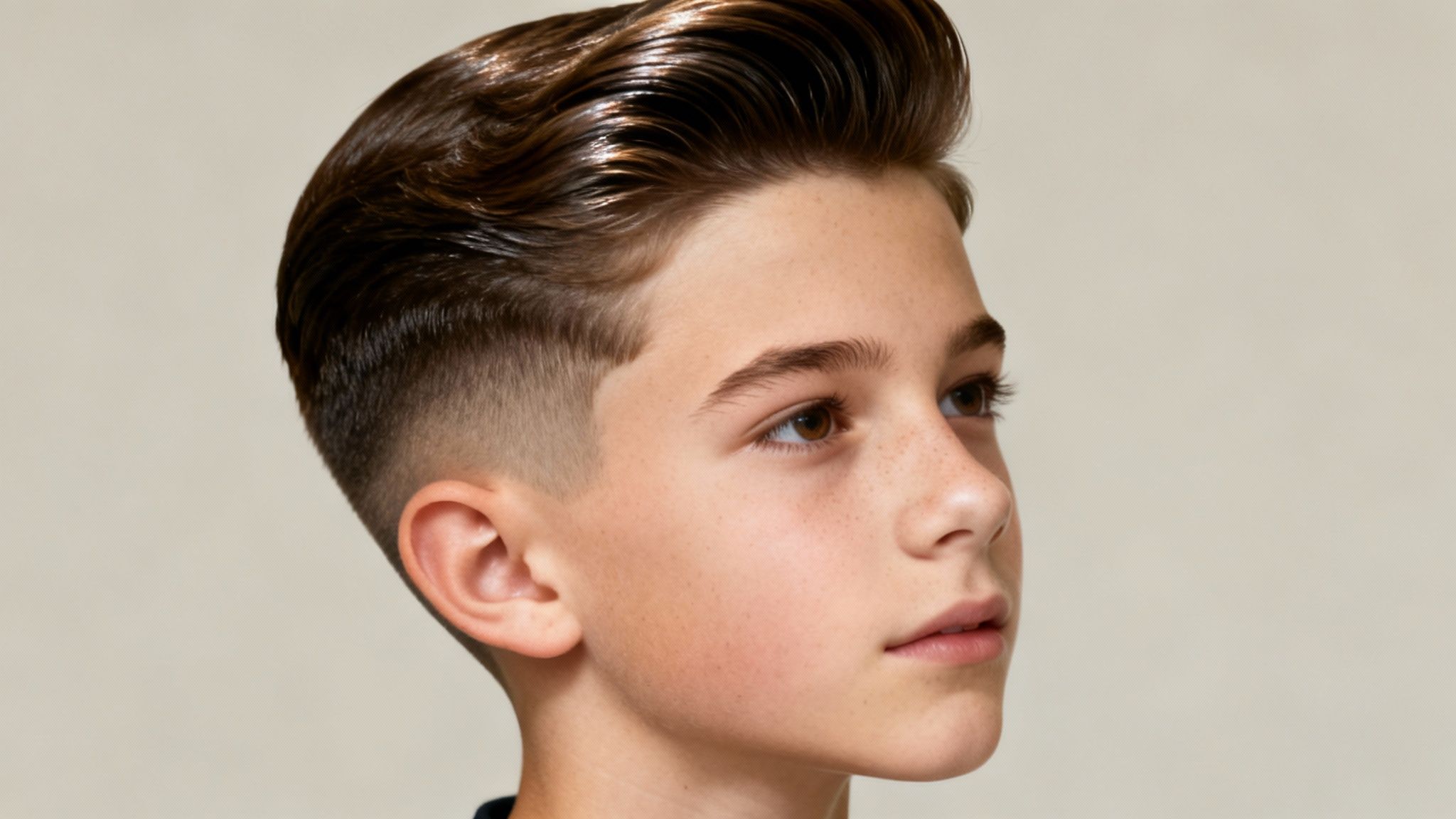 Profile view of a young boy with a modern, slicked-back haircut and a fade.