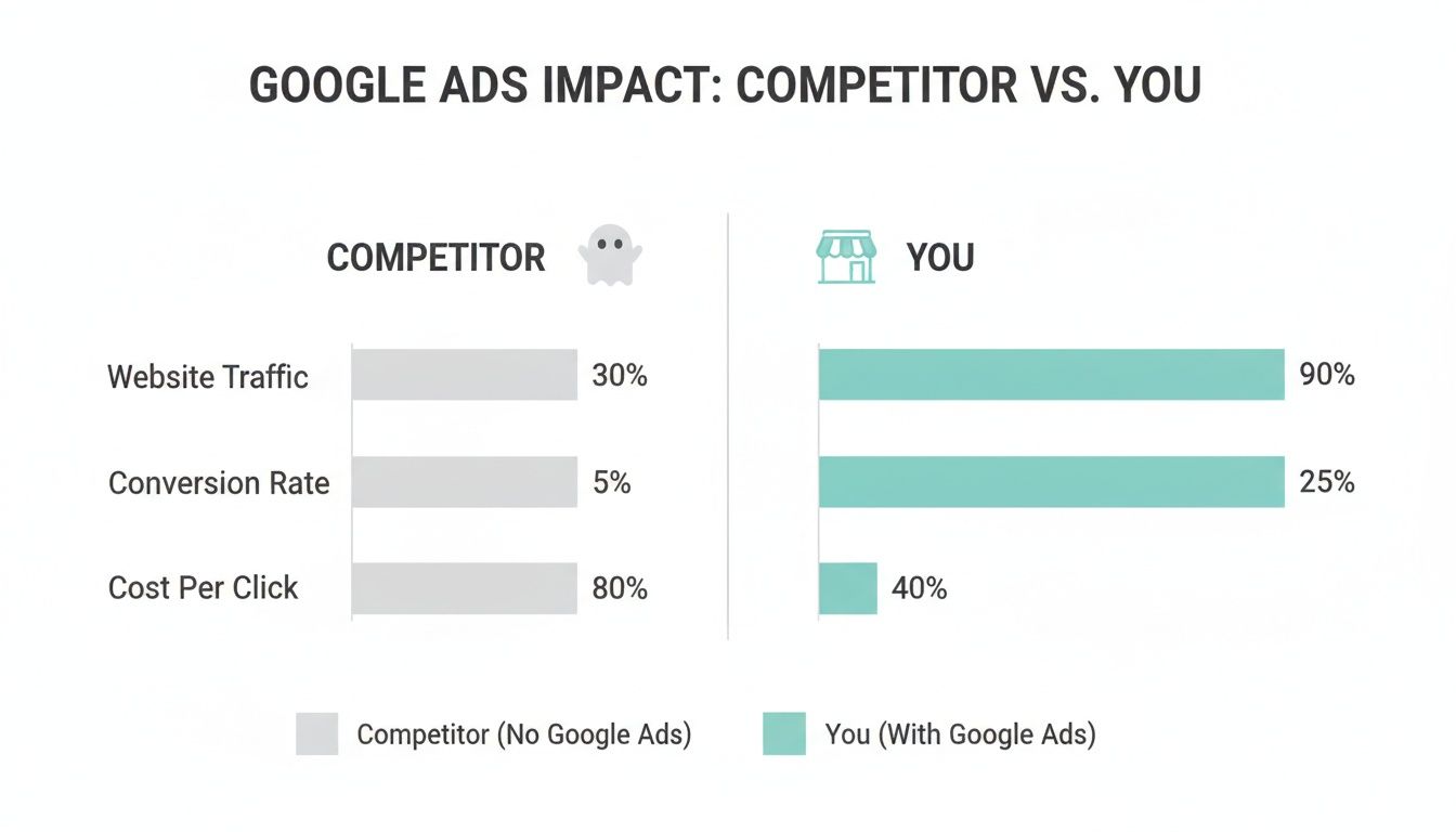 Bar chart comparing Google Ads impact on website traffic, conversion rate, and cost per click.