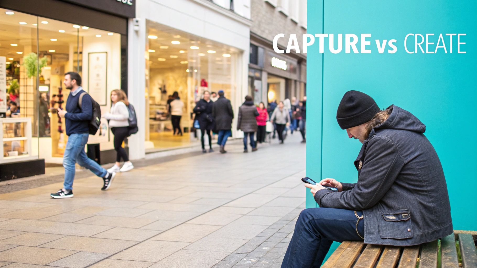 Urban scene with a man on a bench and shoppers on a street, featuring 'CAPTURE vs CREATE' text.