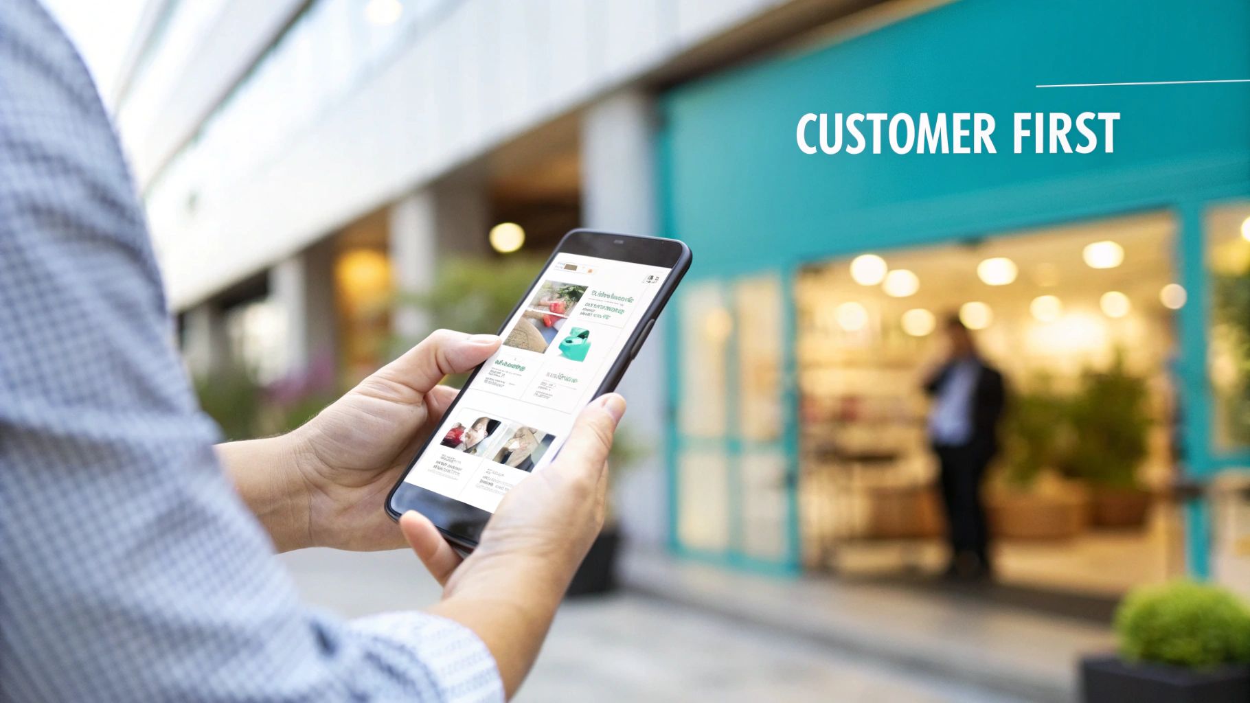 Person holding a smartphone displaying an e-commerce app in front of a blurred store with a 'Customer First' sign.