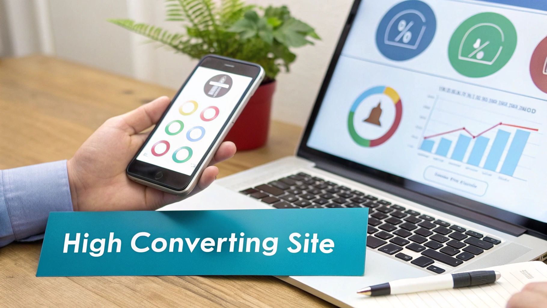 A person holds a smartphone while a laptop displays charts for a high converting site.