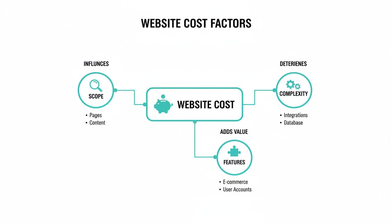 Diagram illustrating website cost factors: scope, complexity, and features influencing price.