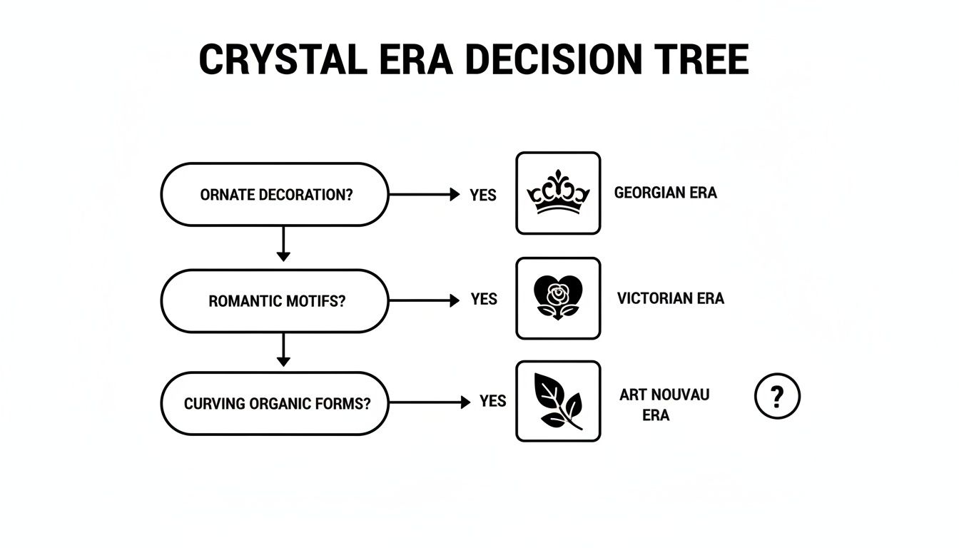 A decision tree flowchart identifying crystal eras: Georgian, Victorian, and Art Nouveau, based on design characteristics.