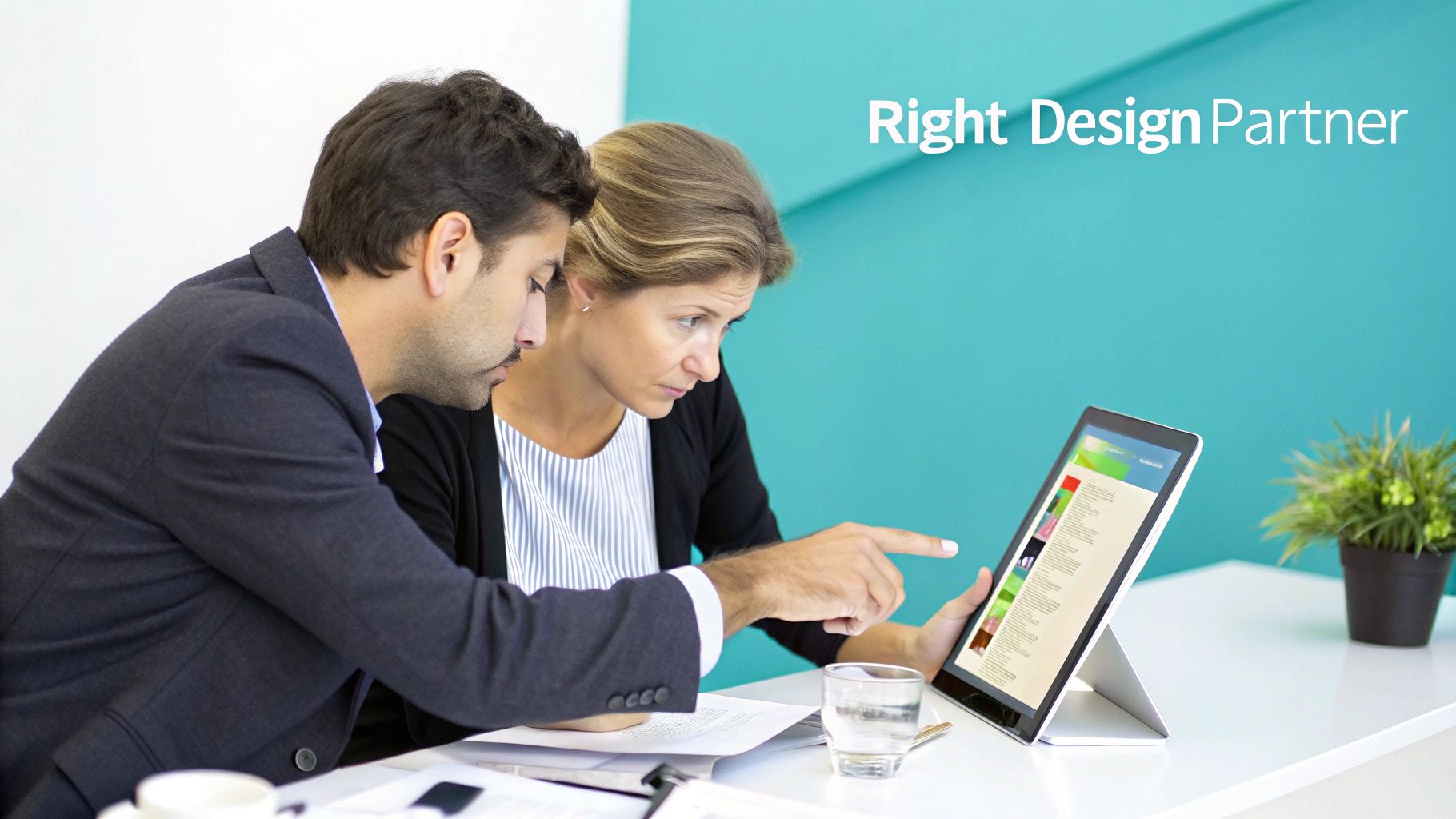 Two business professionals collaboratively reviewing content on a tablet, with the woman pointing at the screen.