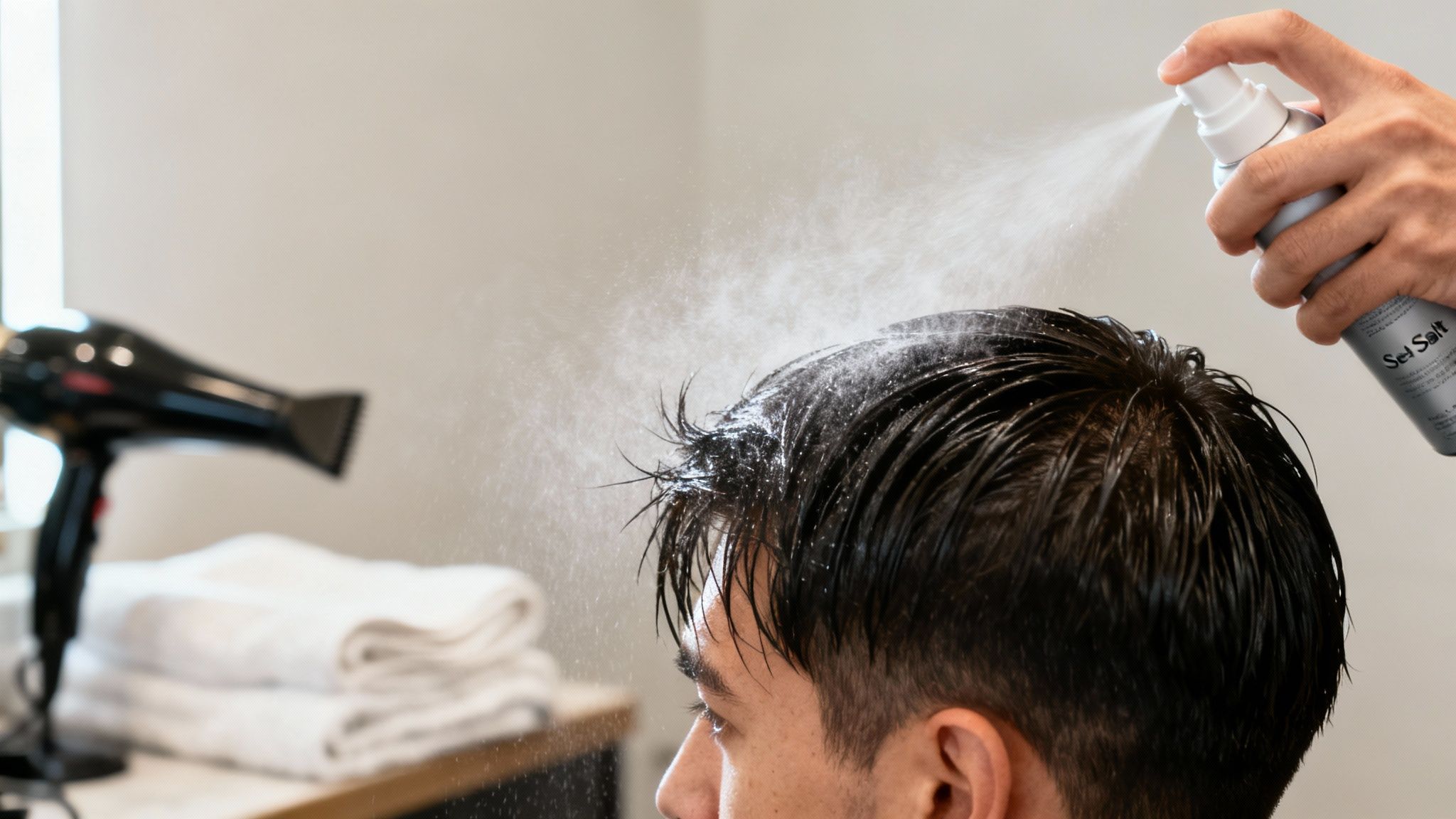 A stylist spraying sea salt product onto a client's damp dark hair at a salon.