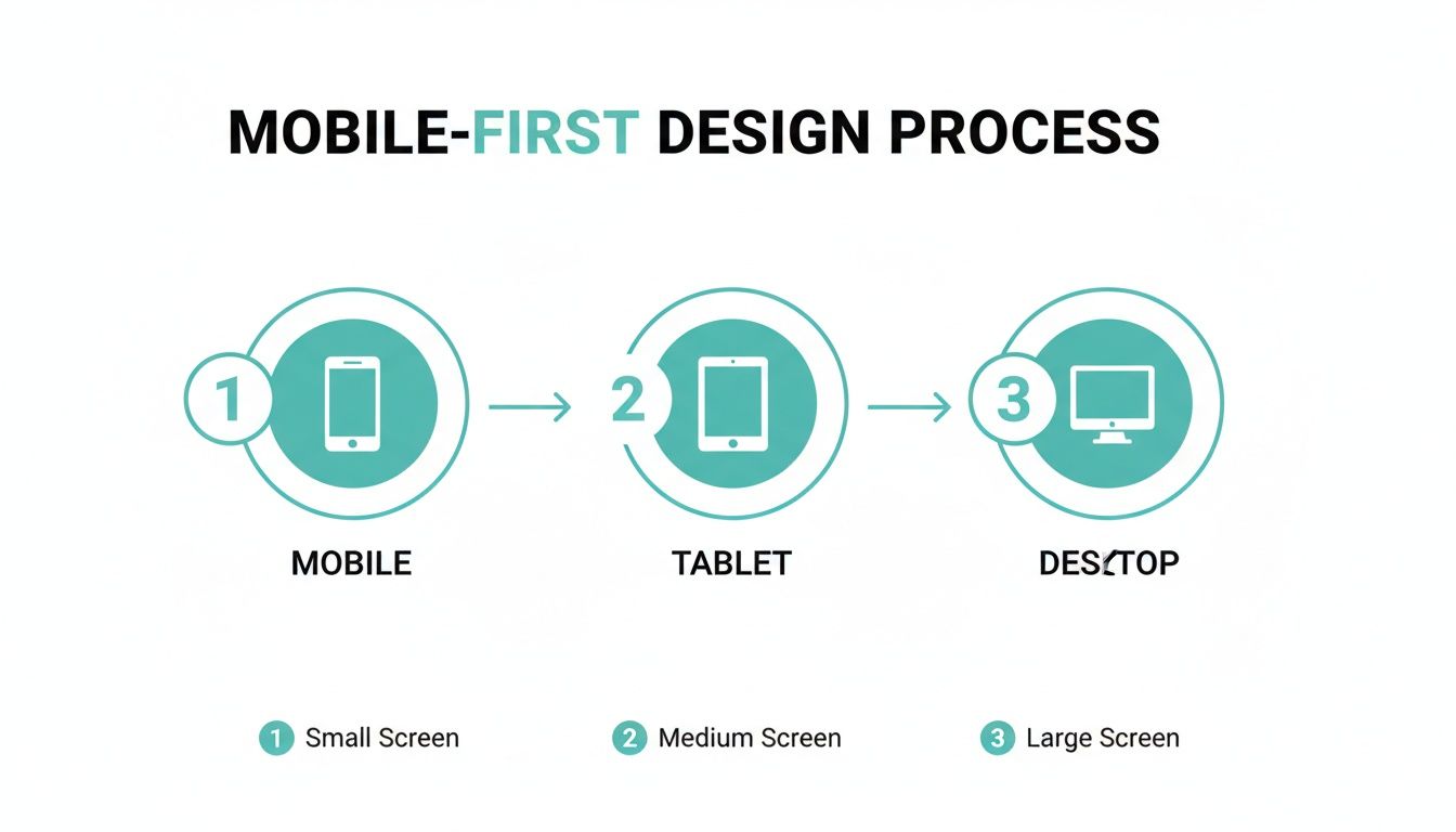 Mobile-first design process diagram showing steps from small mobile screens to tablets and desktops.