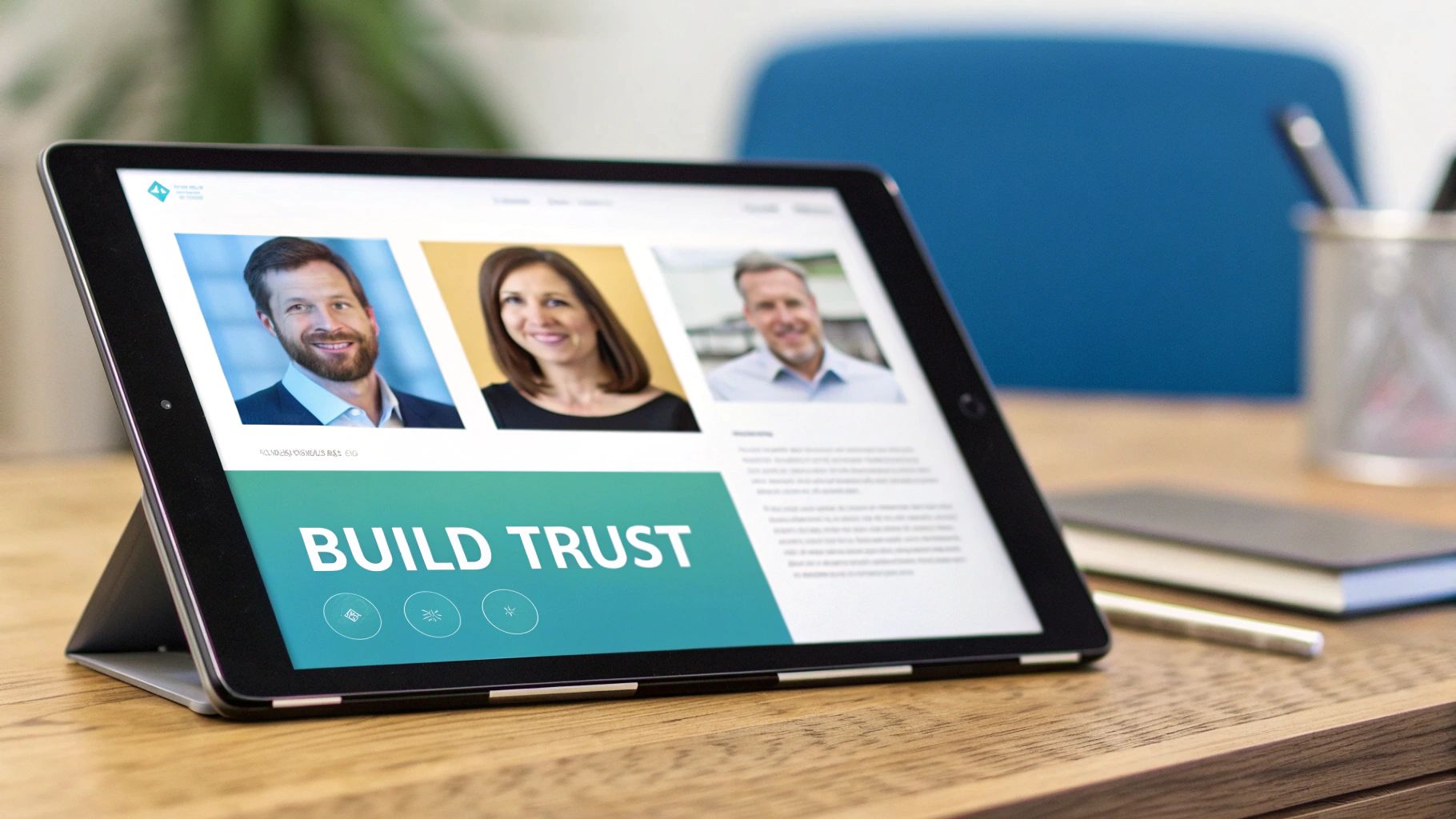 A tablet displays a professional website with three headshots and a 'BUILD TRUST' banner on a desk.