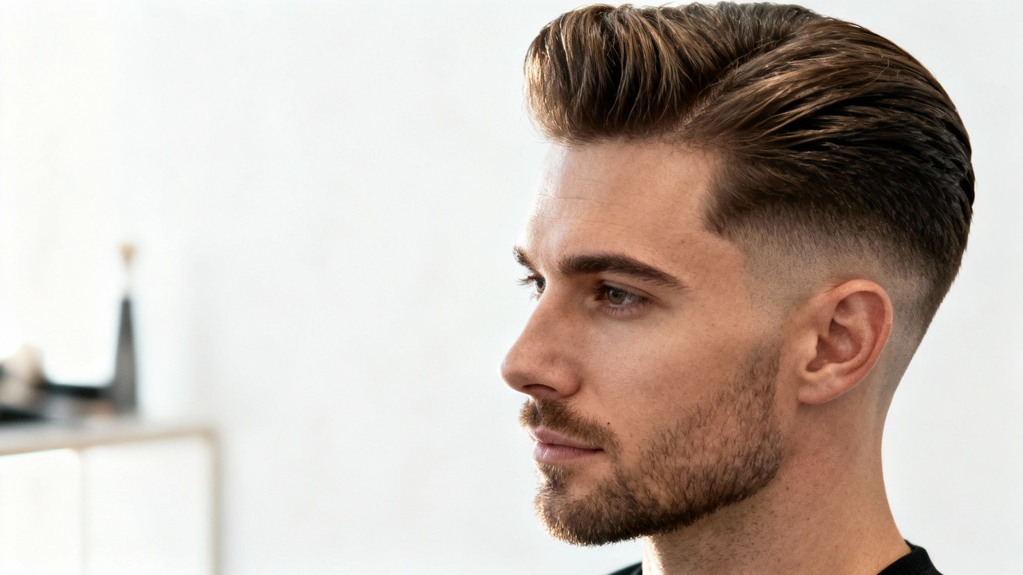 Side profile of a well-groomed man with a modern fade haircut and beard.