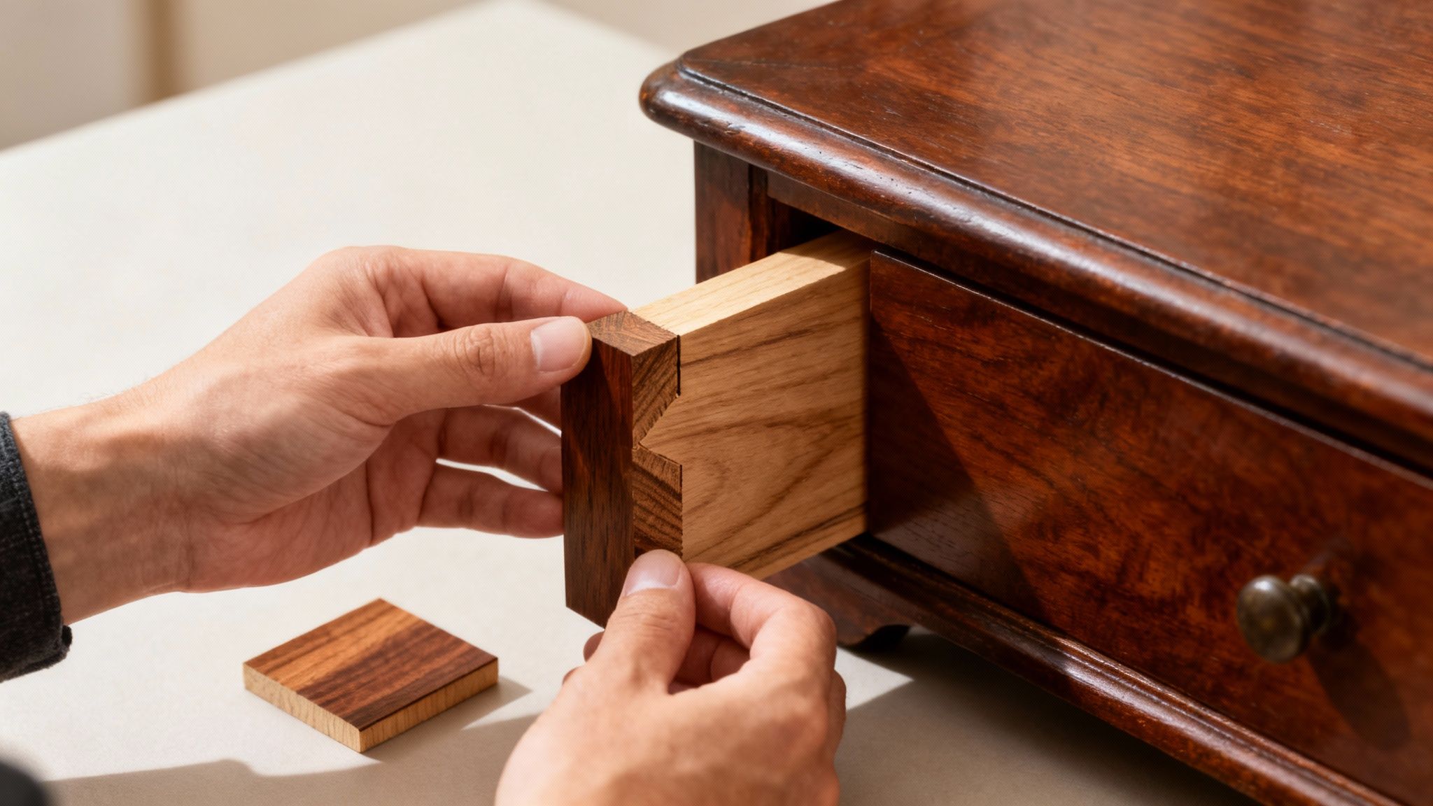 Person examining a wooden drawer joint, showcasing craftsmanship in antique furniture restoration, with a focus on quality details in pre-loved pieces.