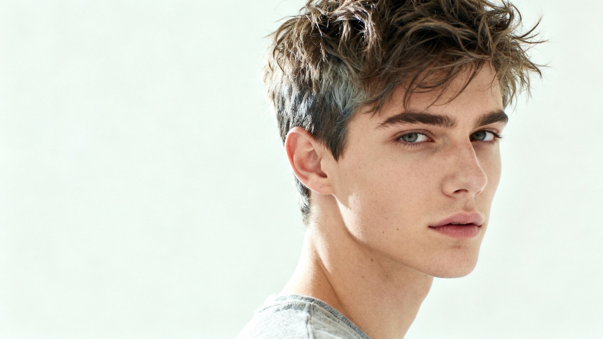 A handsome young man with messy brown hair and striking blue-green eyes looking intently.