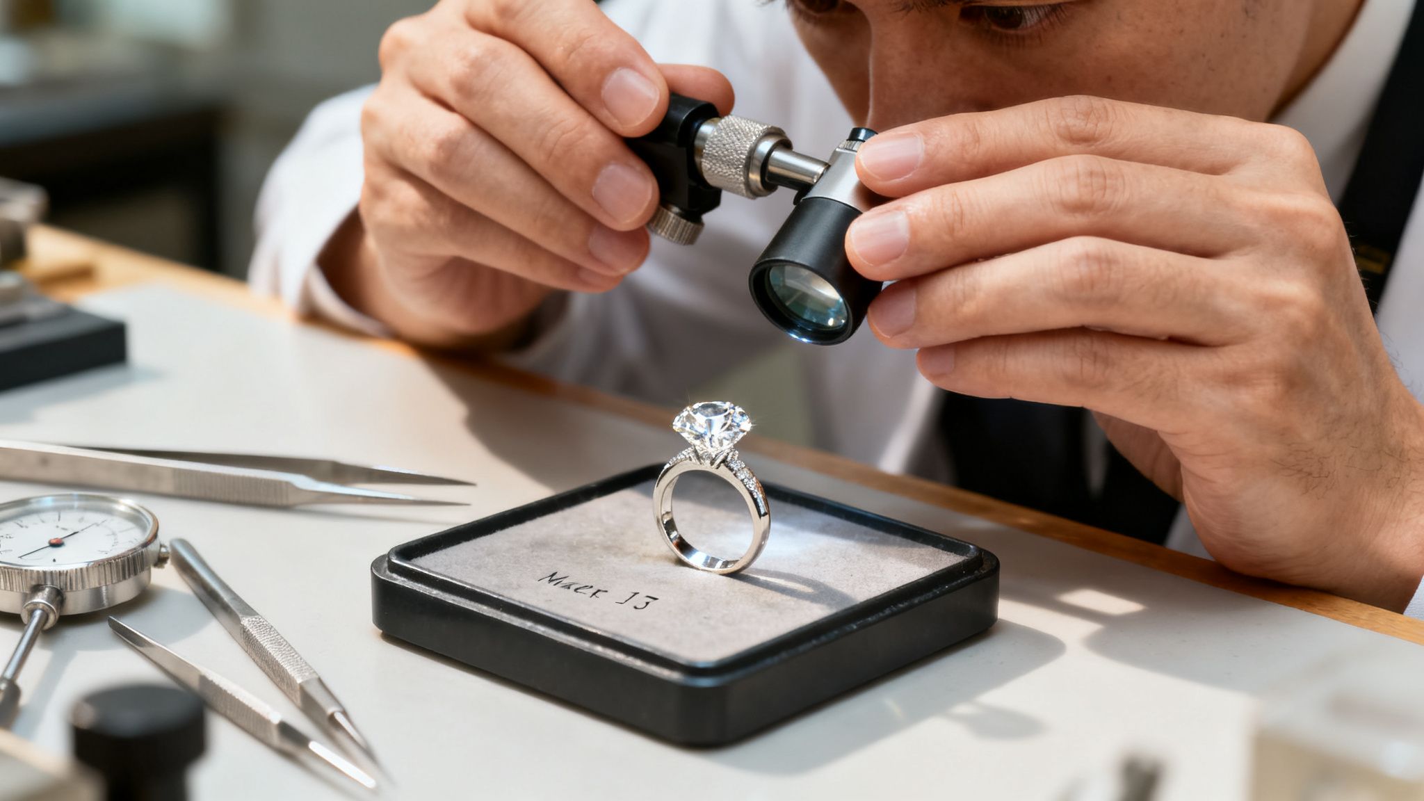 A jeweler meticulously inspects a sparkling diamond engagement ring with a jeweler's loupe, surrounded by tools.