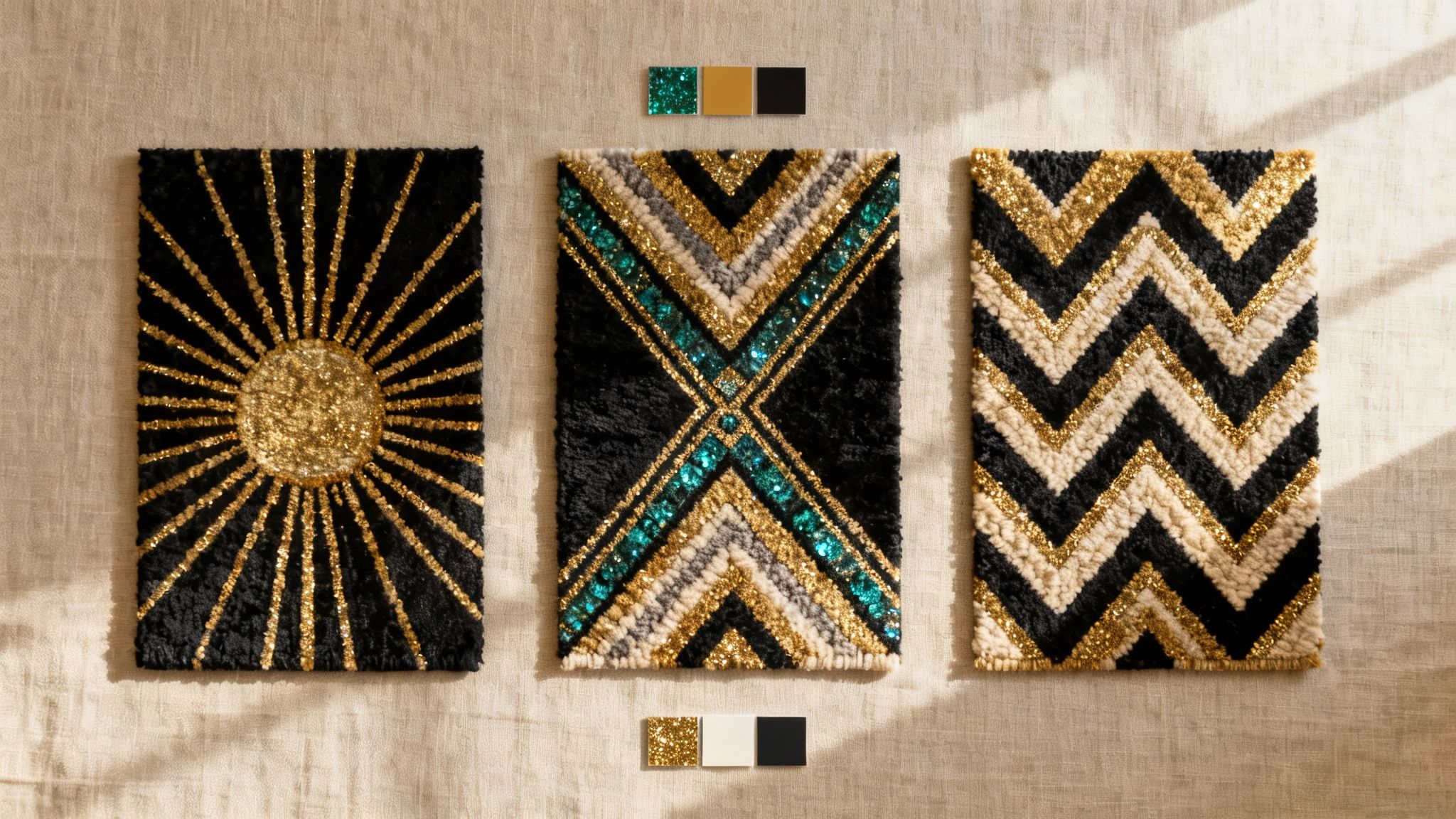 Art Deco rugs featuring sunburst, geometric chevron, and zigzag patterns in black, gold, and teal, symbolizing 1920s and 30s modernity and optimism.