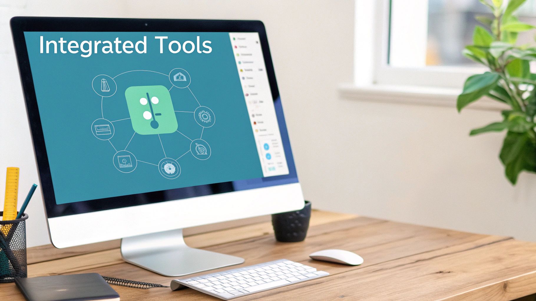 A computer monitor displays "Integrated Tools" on a wooden desk with a keyboard and mouse.