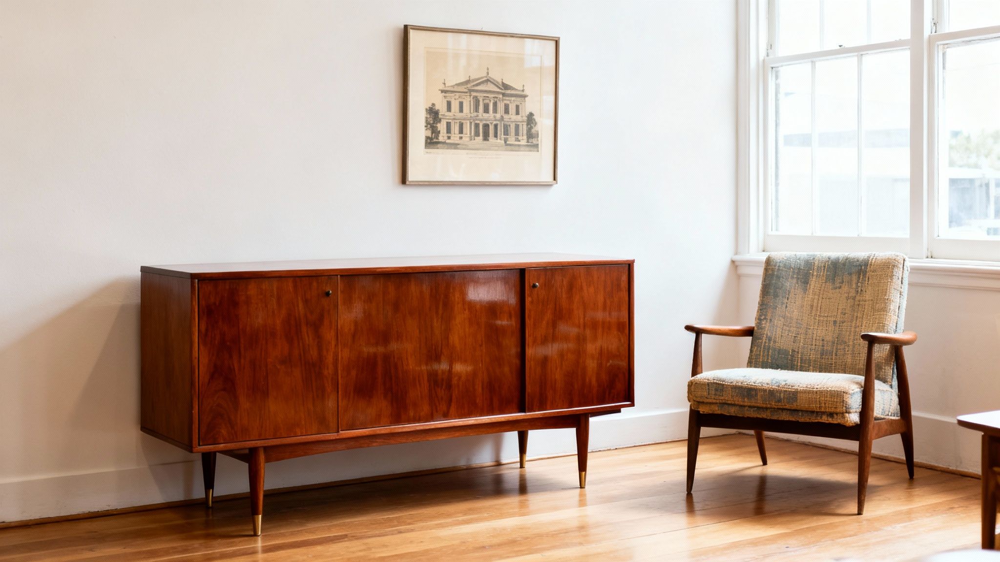 Mid-century furniture display featuring a polished wooden sideboard with sleek lines and tapered legs, alongside a vintage armchair with a textured fabric, set in a bright room emphasizing sustainable living and quality craftsmanship.