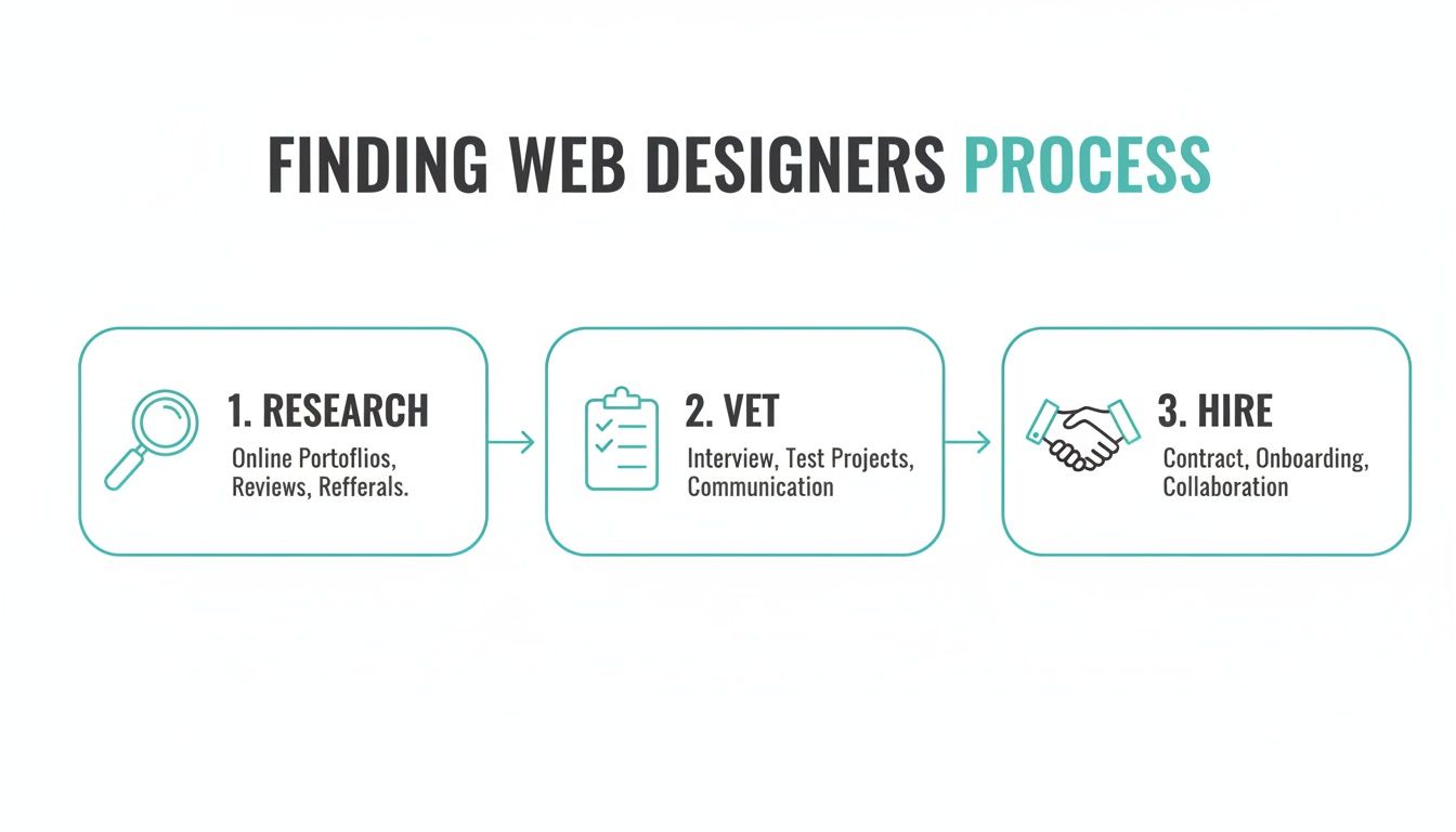 Infographic detailing a three-step process for finding web designers: Research, Vet, and Hire.