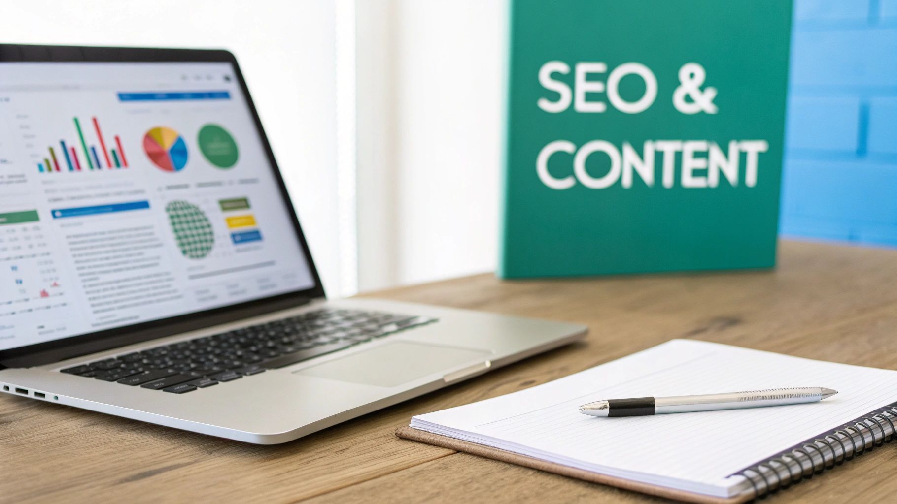A laptop displaying SEO analytics, a notebook, and a sign for 'SEO & CONTENT' on a wooden desk.
