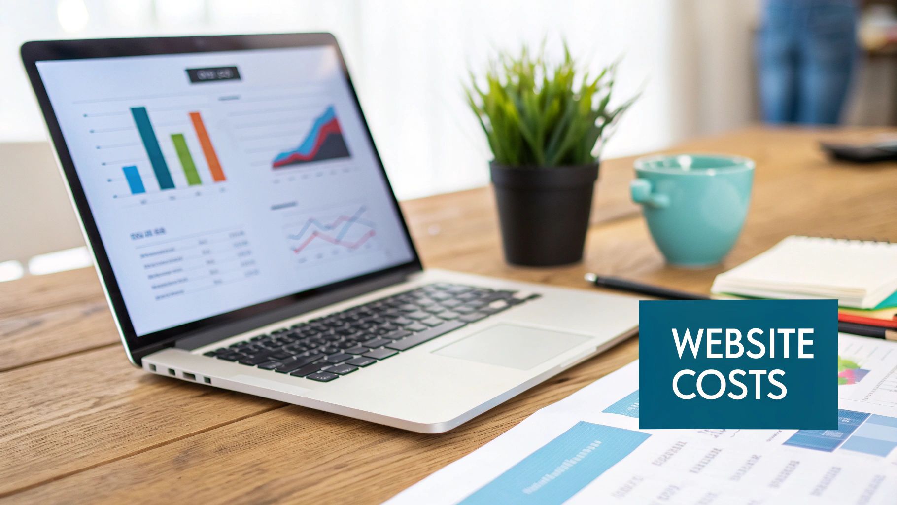 A laptop displaying website cost analysis charts on a desk with a plant, mug, and a 'WEBSITE COSTS' overlay.