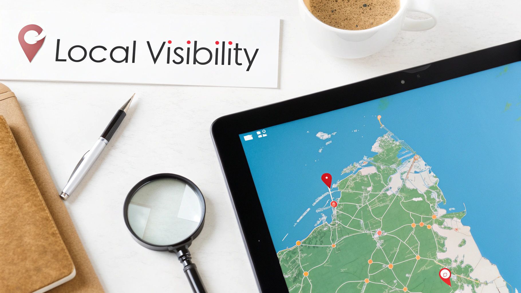 Flat lay of a desk with a 'Local Visibility' card, a tablet showing a map, magnifying glass, and coffee.