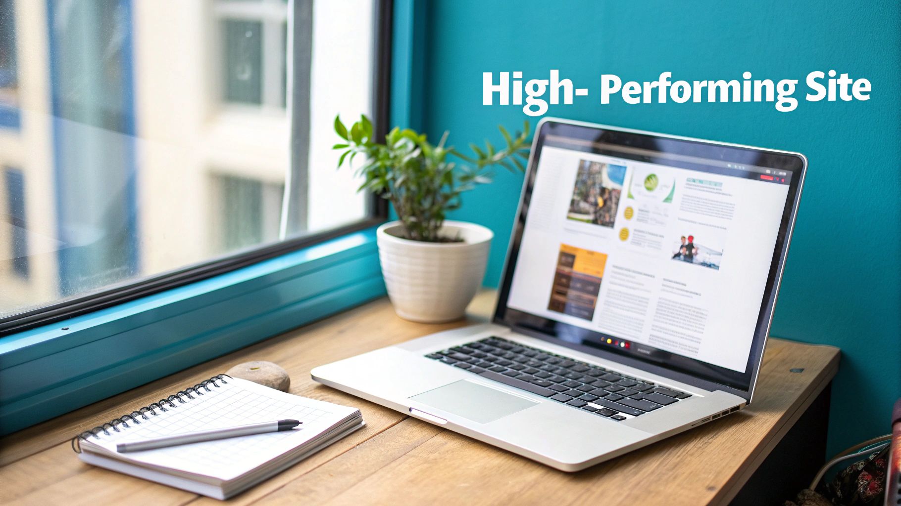 A laptop displaying a website on a wooden desk with a notebook, pen, and plant, next to a window.