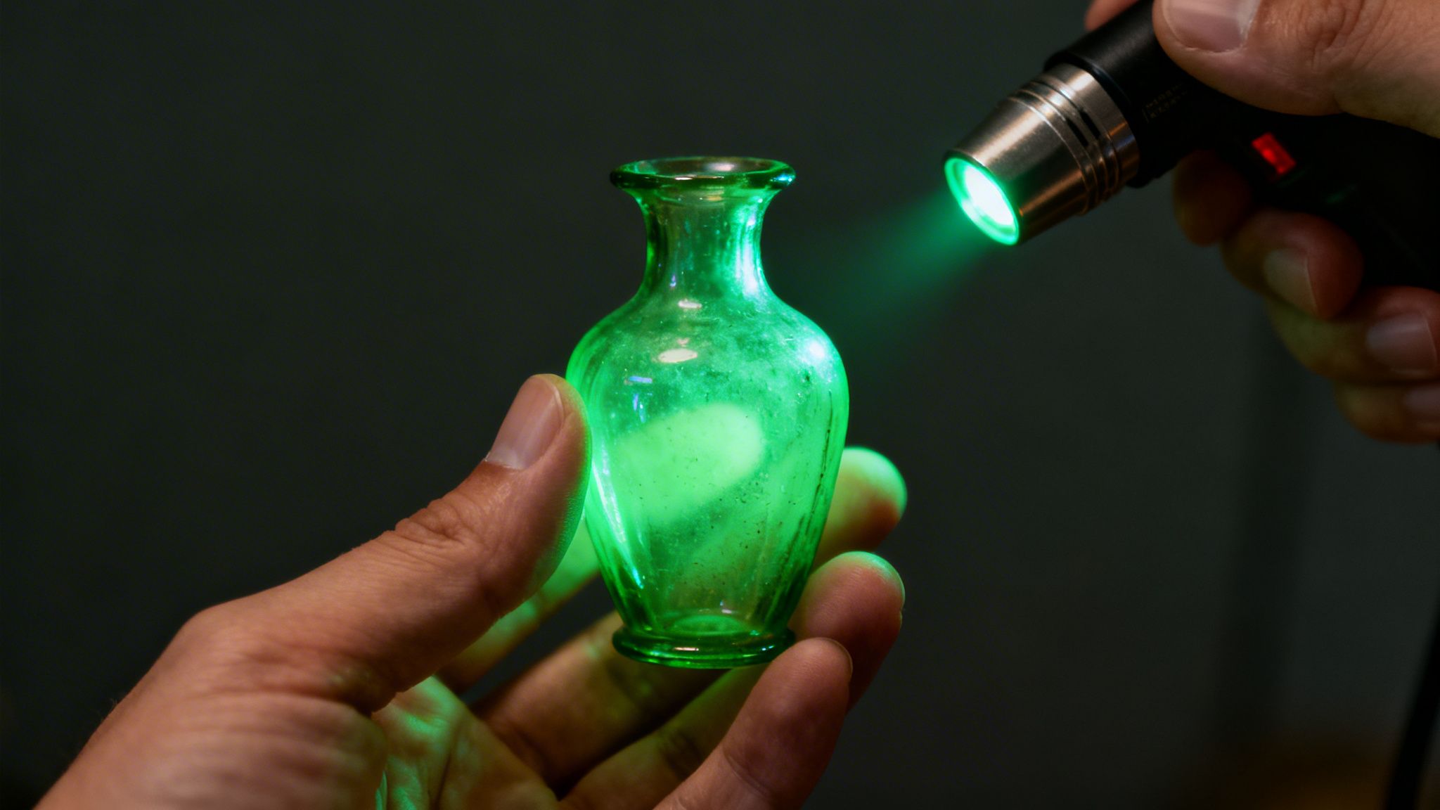 A hand holding a small glowing green uranium glass vase illuminated by a green flashlight.